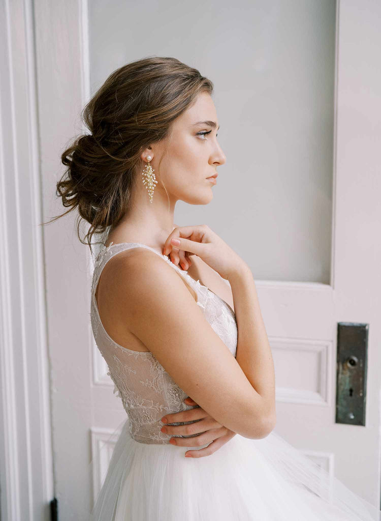 Bridal Earrings Gold | Long Drop Elegant Statement Earrings – AMYO Bridal