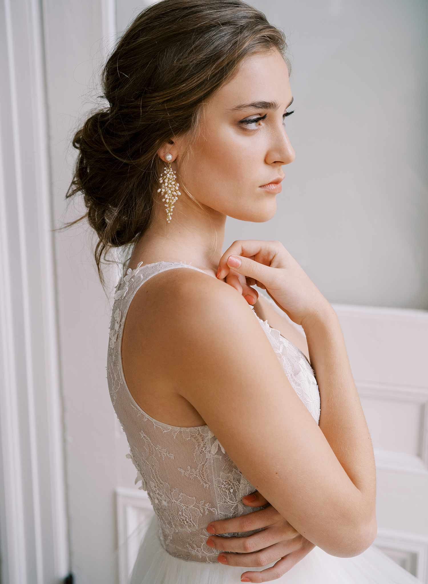 wired pearl gold long dangle bridal earrings, twigs & honey
