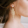 wired pearl gold long dangle bridal earrings, twigs & honey