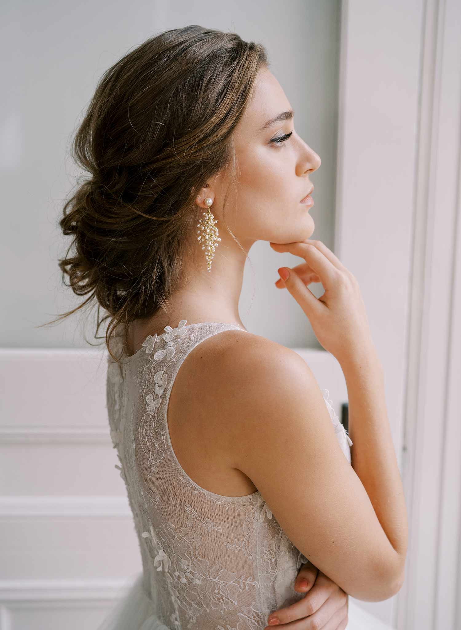 wired pearl gold long dangle bridal earrings, twigs & honey