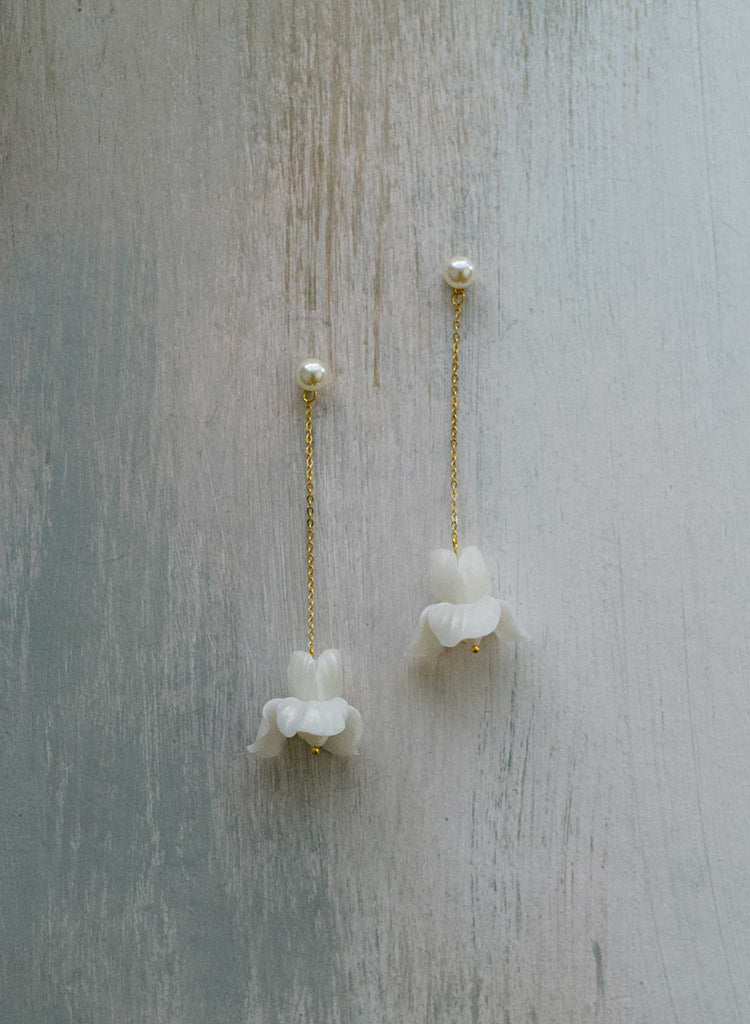 handmade clay iris flower hanging gold wedding earrings, twigs and honey