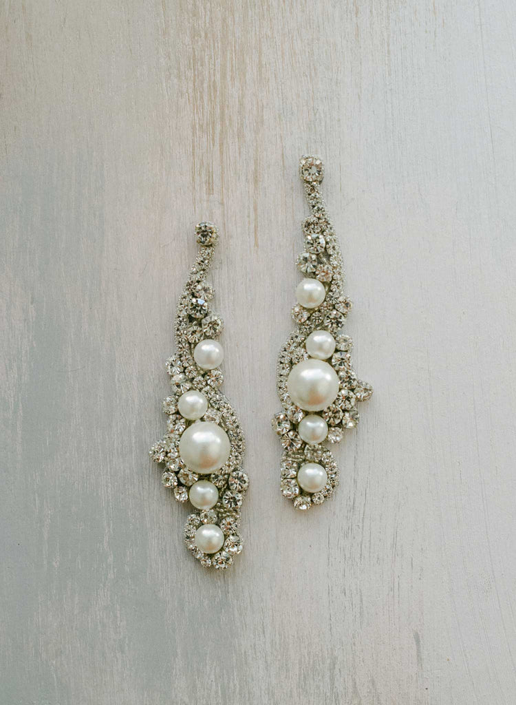 long pearl and crystal silver dangle bridal earrings, twigs & honey