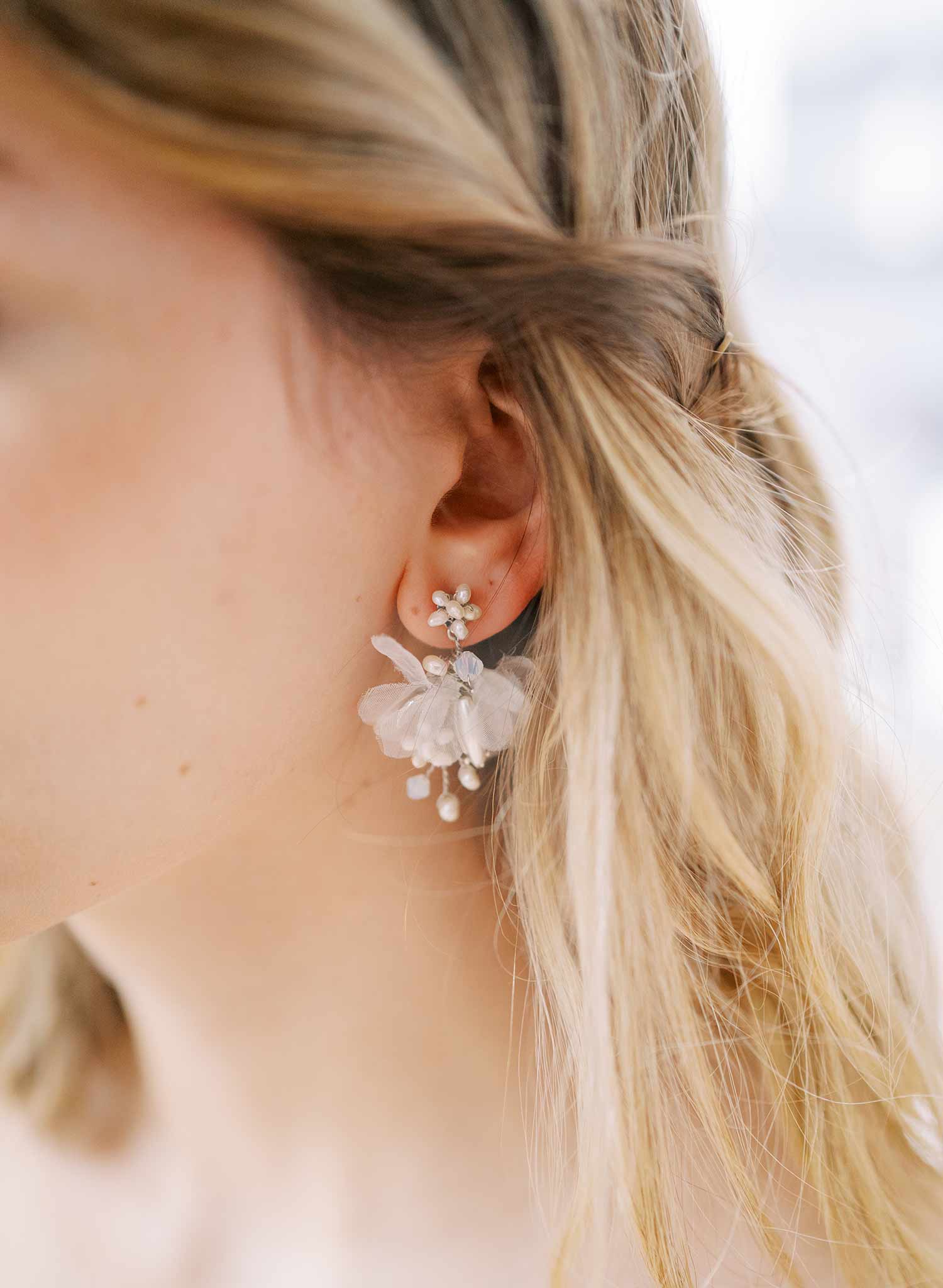 short pearl earrings gold or silver with silk petals, twigs and honey