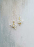 short pearl earrings gold or silver with silk petals, twigs and honey
