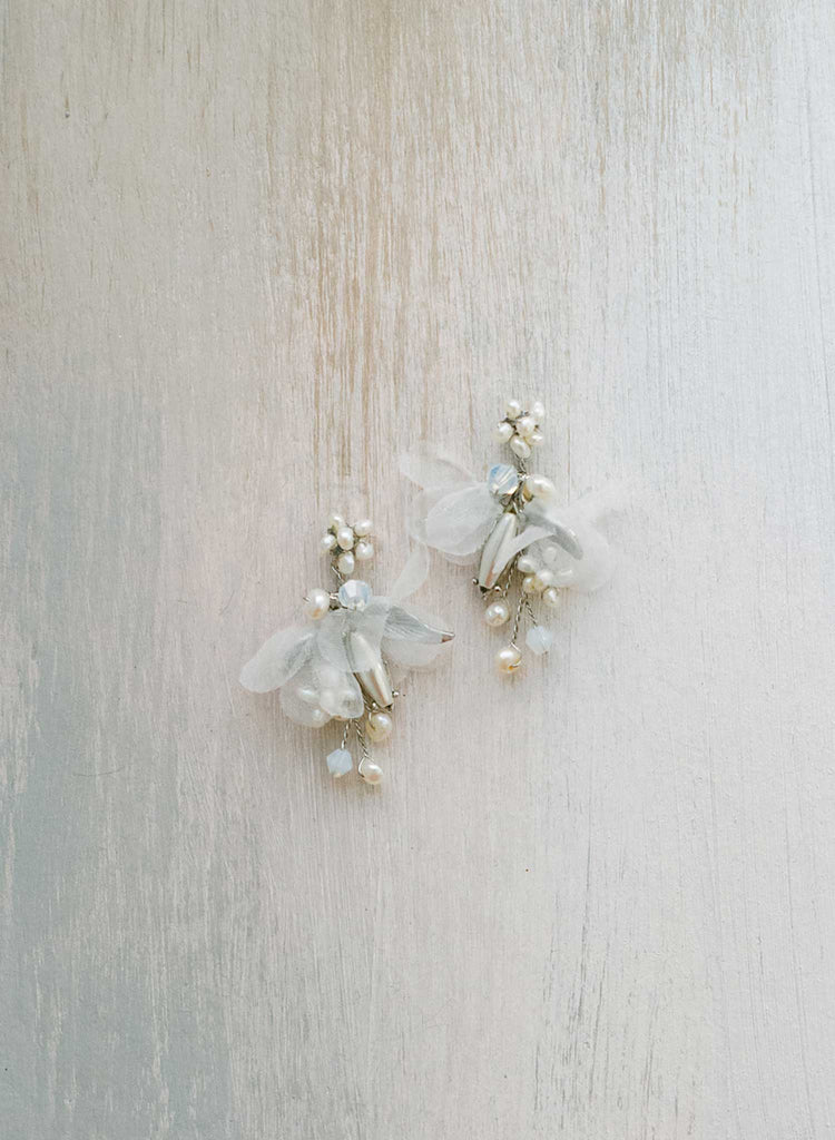 Pearl burst and silk blossom earrings, petite - Style #2433
