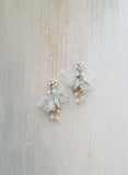 short pearl earrings gold or silver with silk petals, twigs and honey