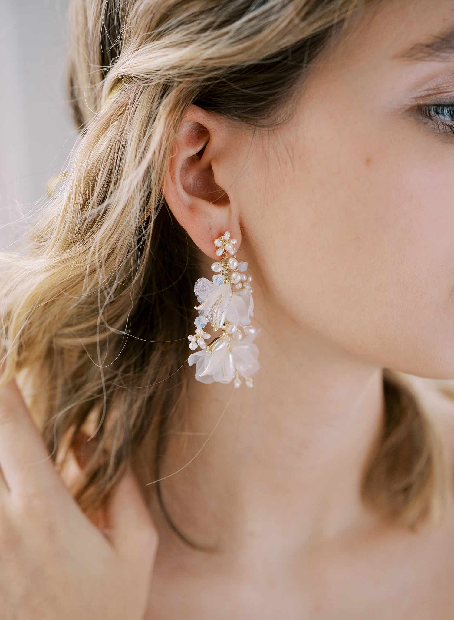 long pearl earring gold or silver with silk petals, twigs & honey