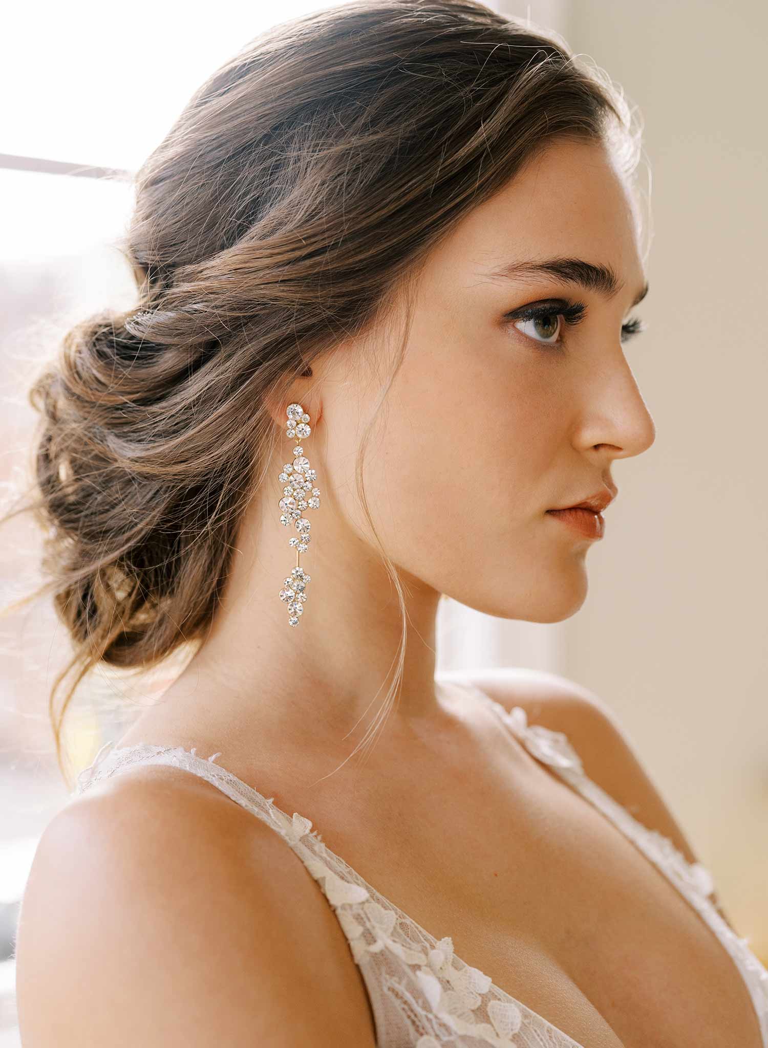 long crystal bubble gold and silver dangle wedding earrings, twigs and honey