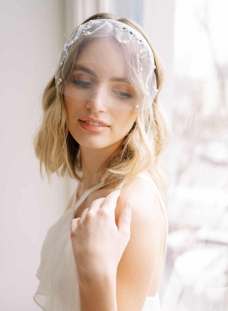 short tulle headband pearl wedding headband, twigs and honey
