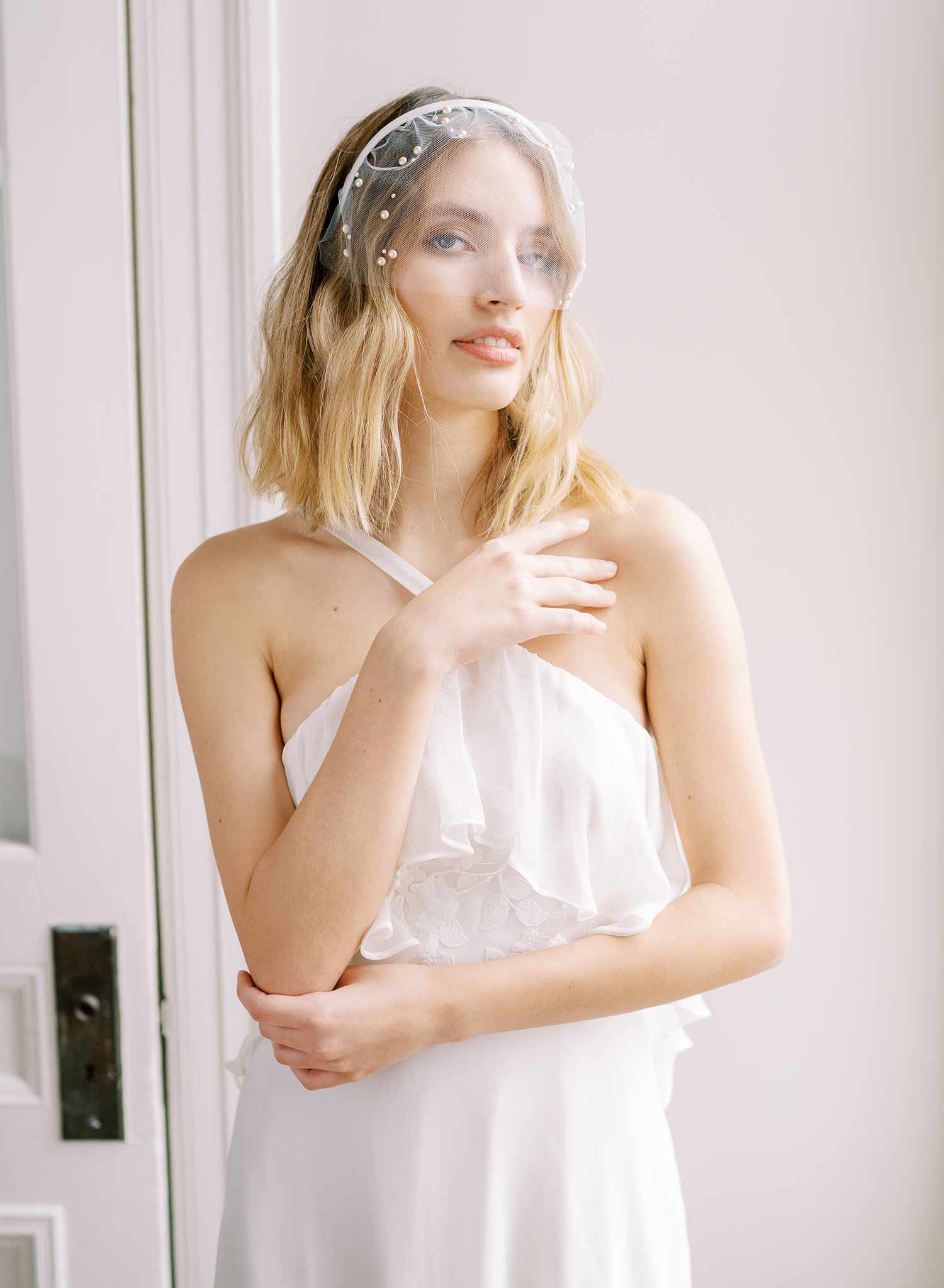 short tulle headband pearl wedding headband, twigs and honey