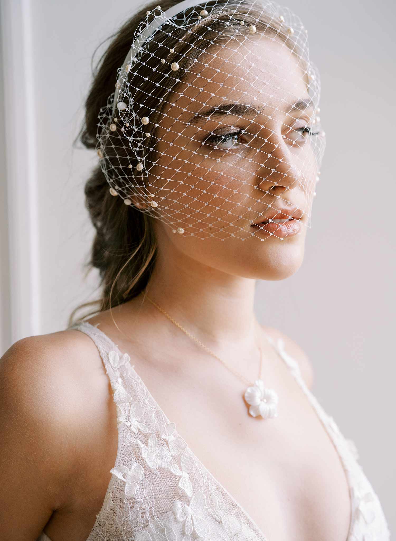 short pearl headband birdcage bridal veil, twigs & honey