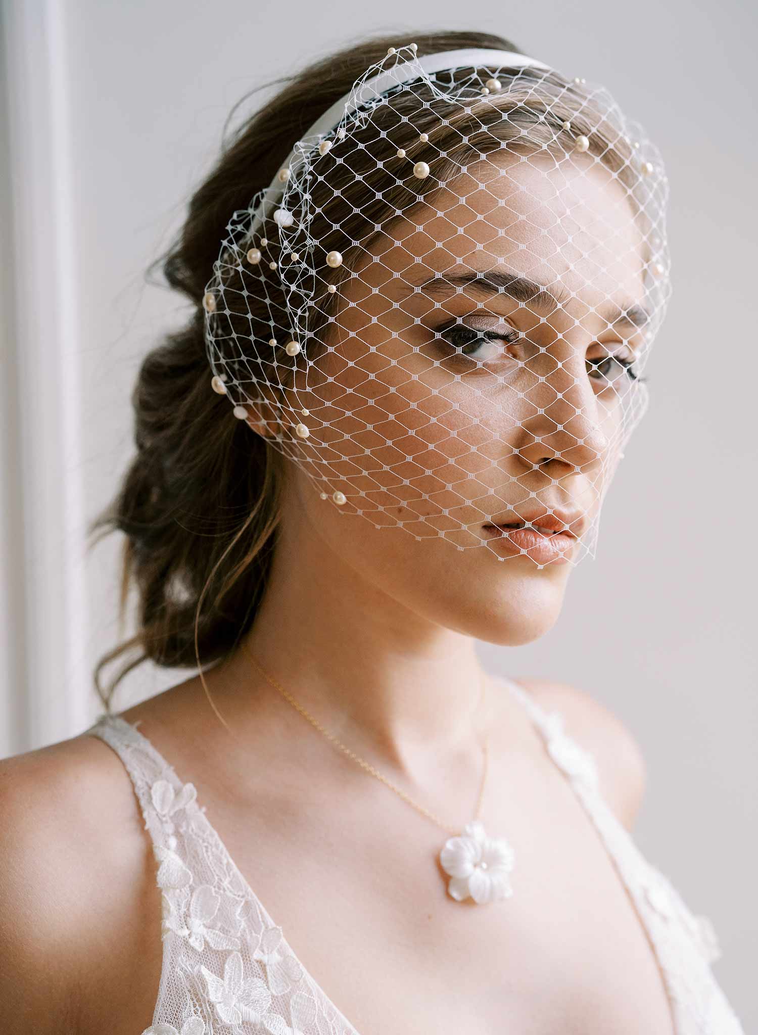 Pearl adorned birdcage headband veil - Style #2444