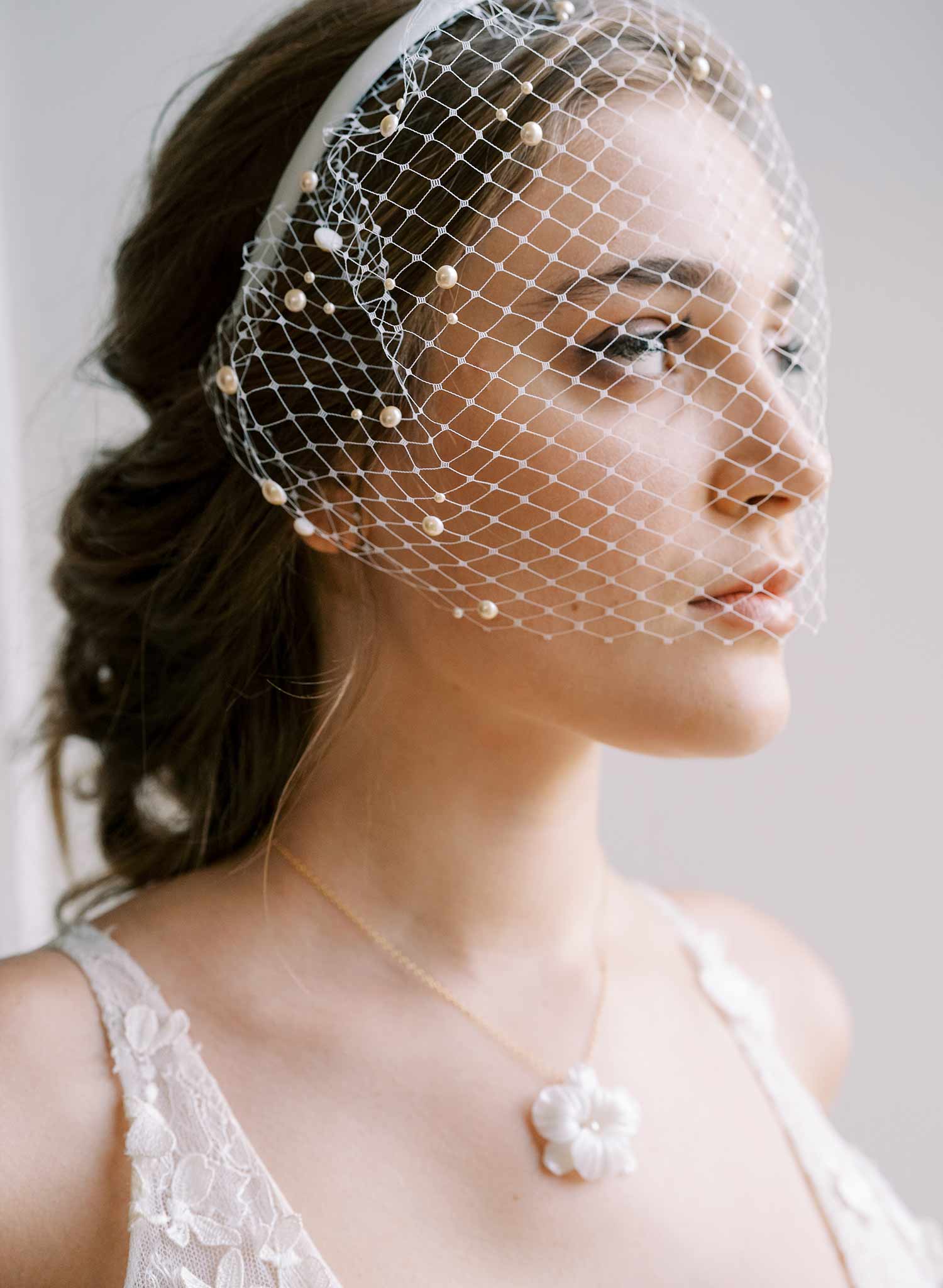 short pearl headband birdcage bridal veil, twigs & honey