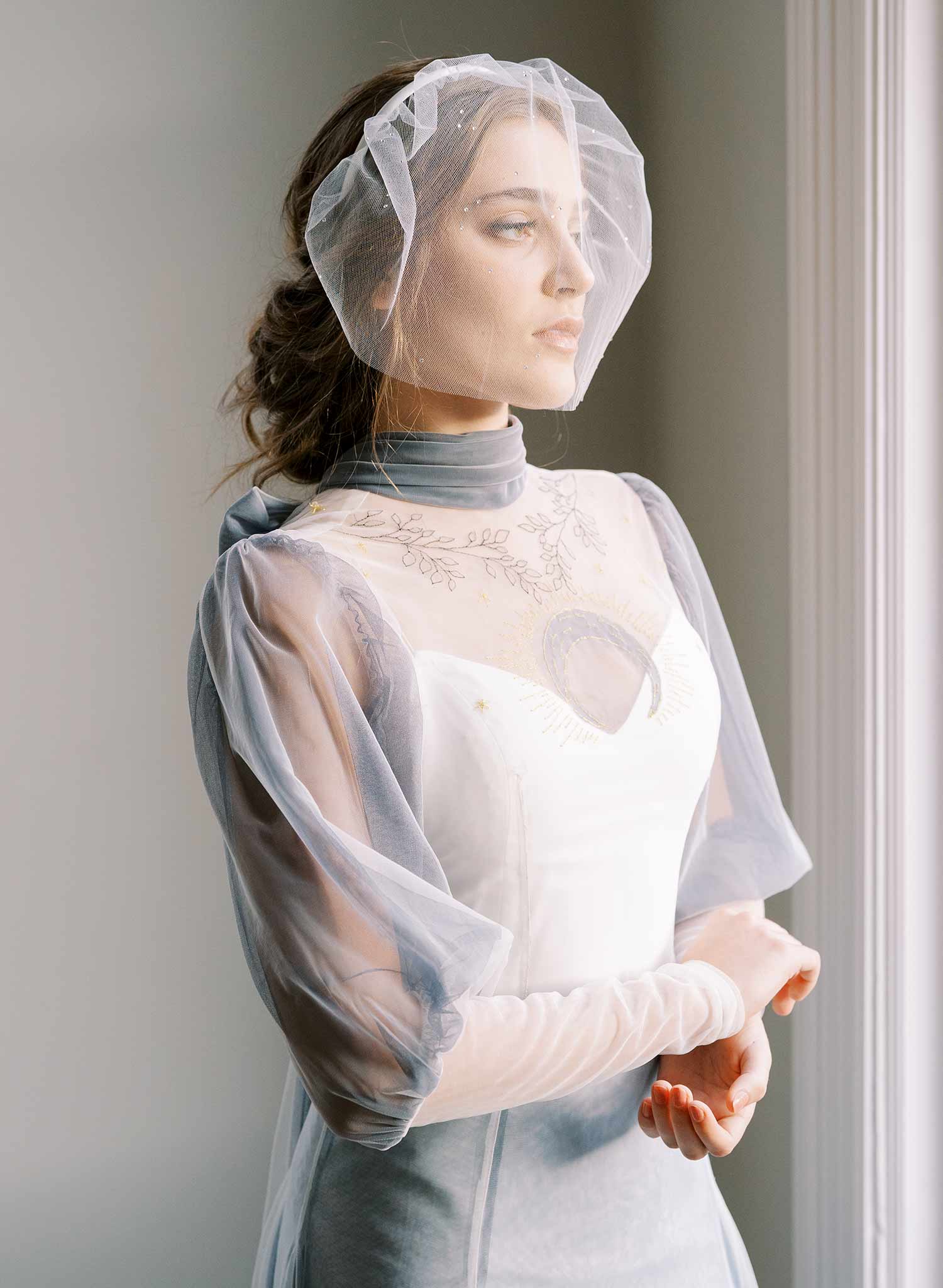 short tulle headband pearl crystal wedding headband, twigs and honey