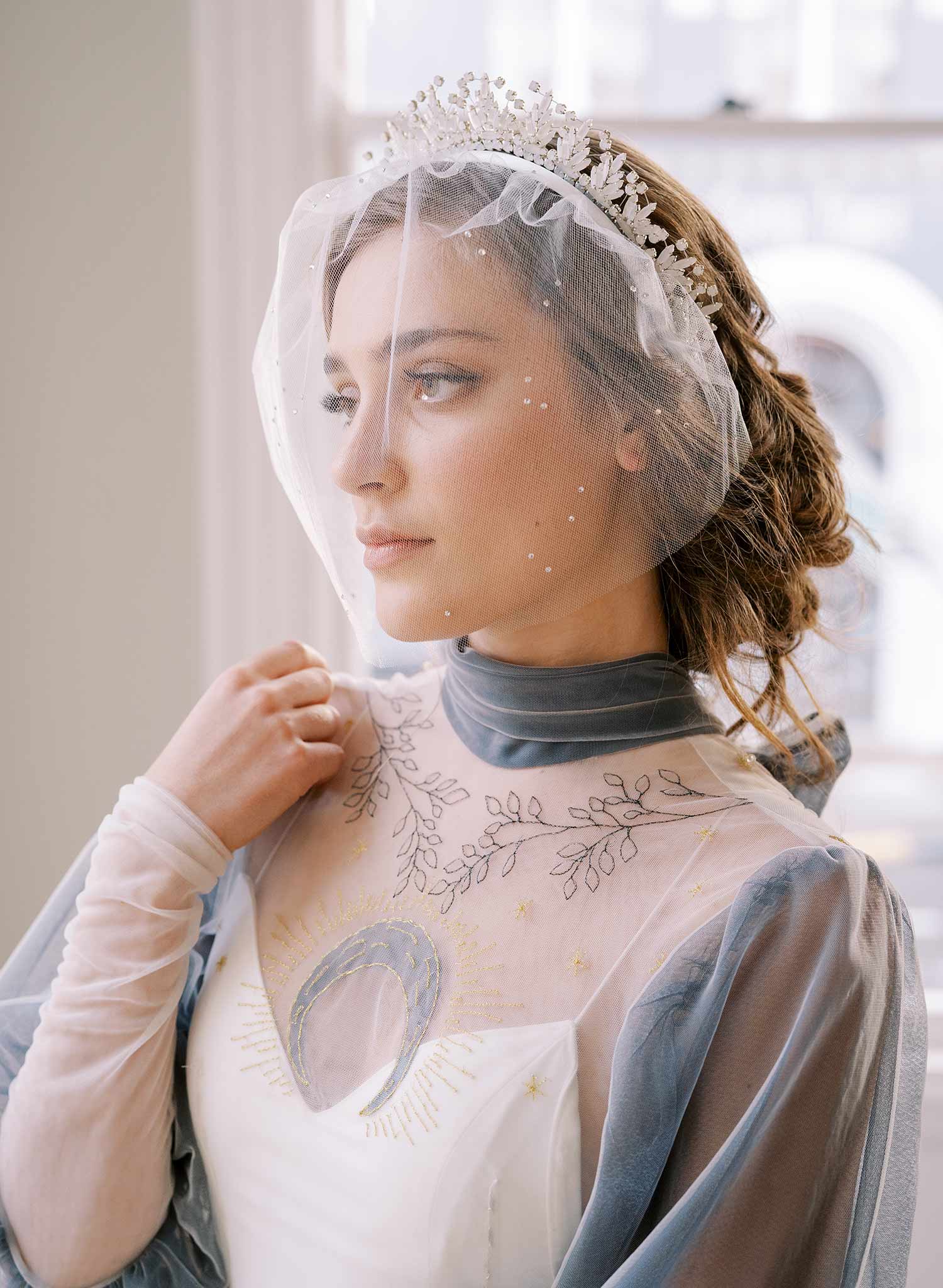 short tulle headband pearl crystal wedding headband, twigs and honey
