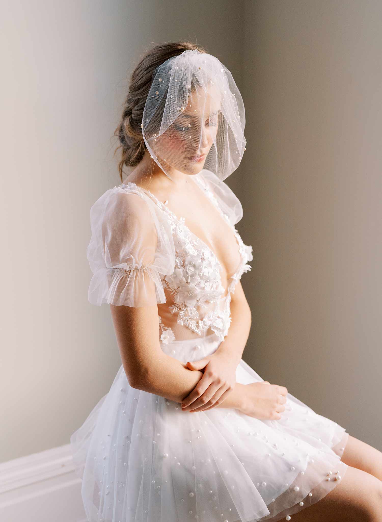 small tulle birdcage bridal veil with pearls, twigs & honey