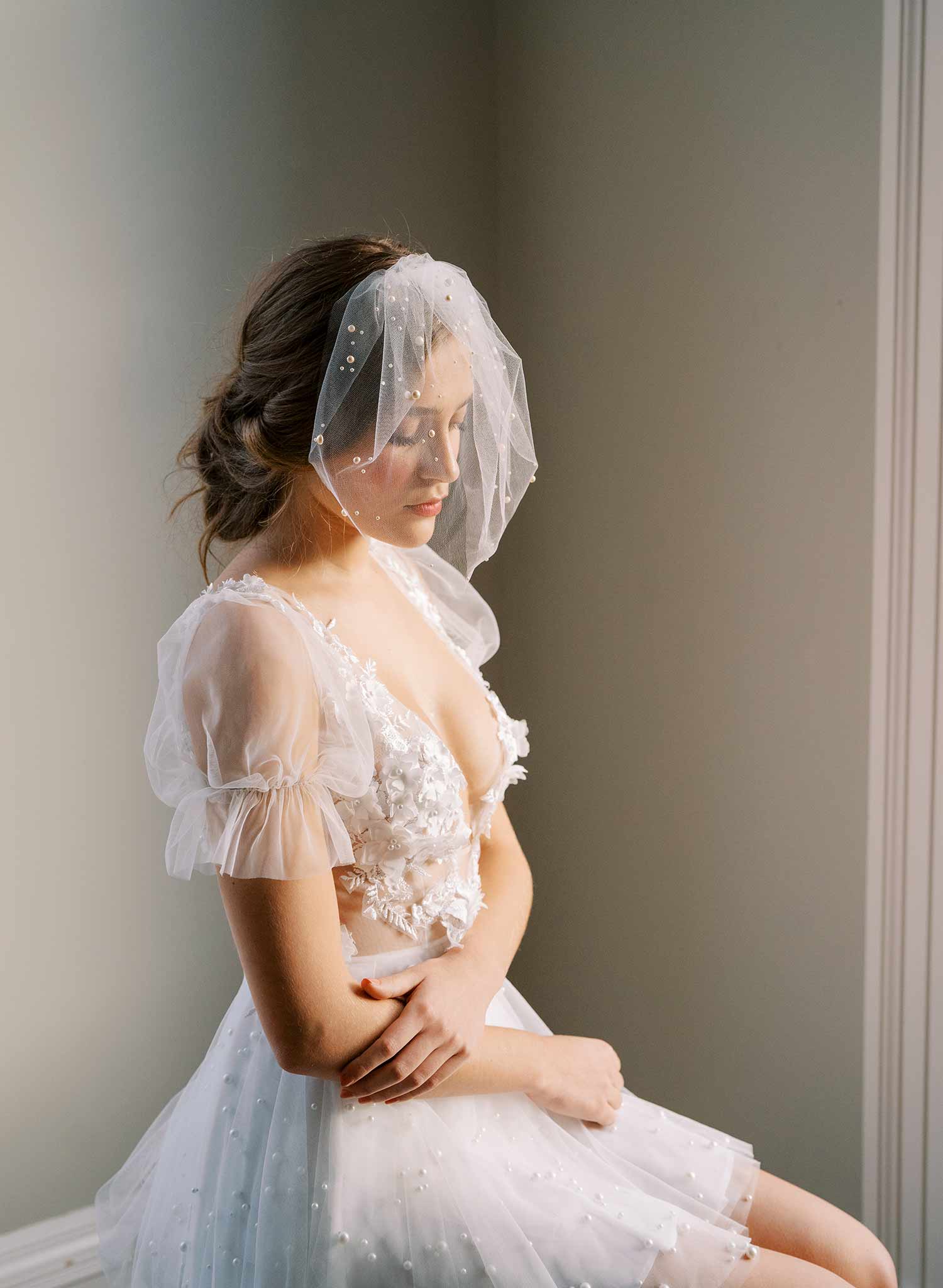 small tulle birdcage bridal veil with pearls, twigs & honey
