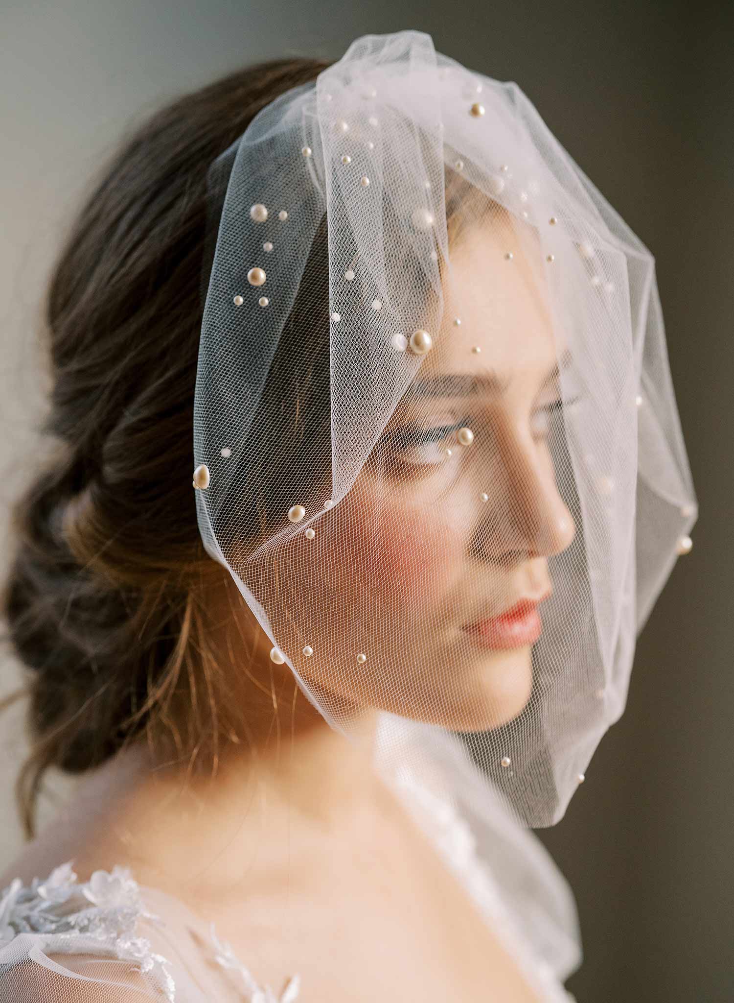 small tulle birdcage bridal veil with pearls, twigs & honey