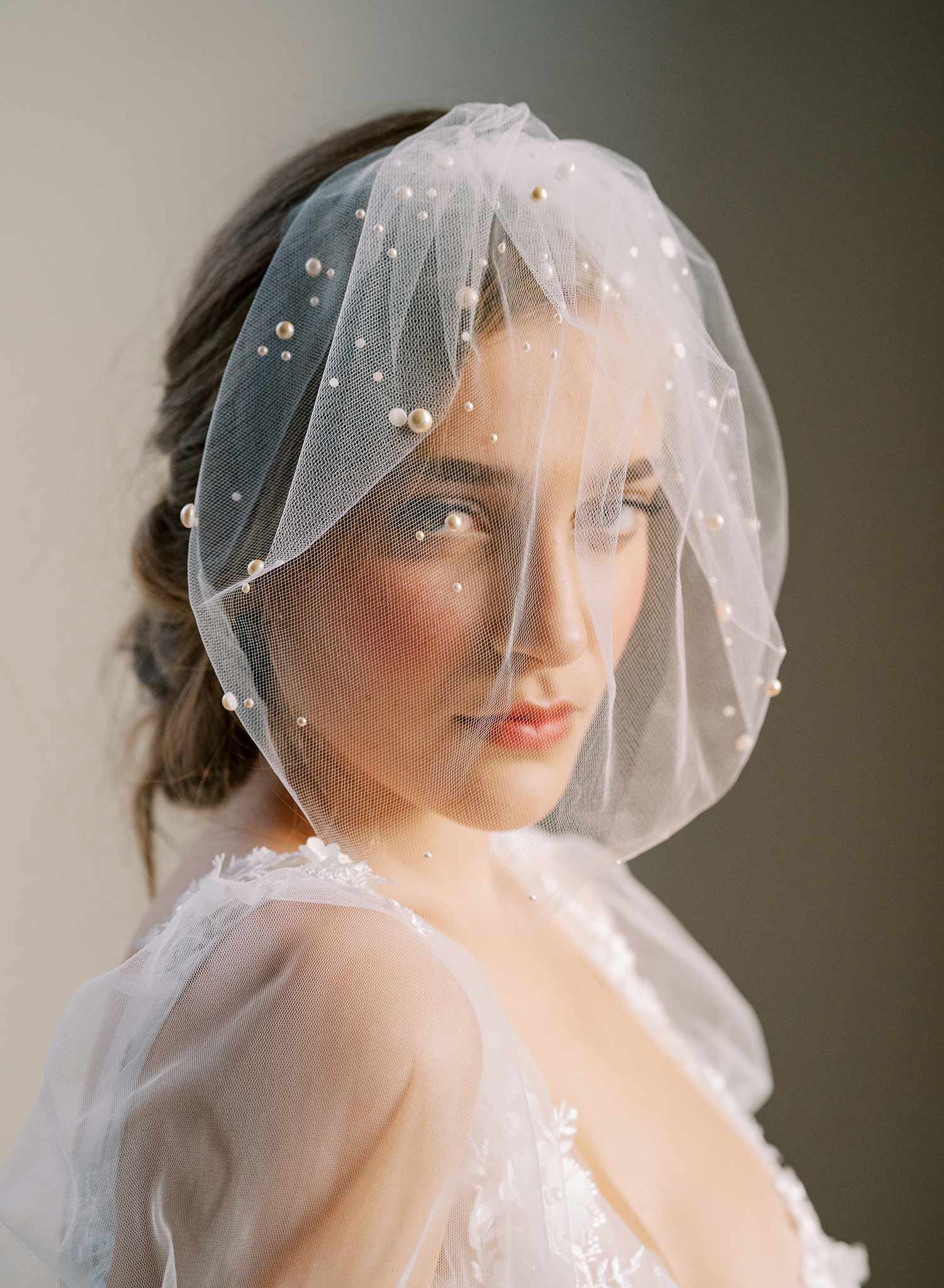 Full tulle birdcage veil with pearls - Style #2446