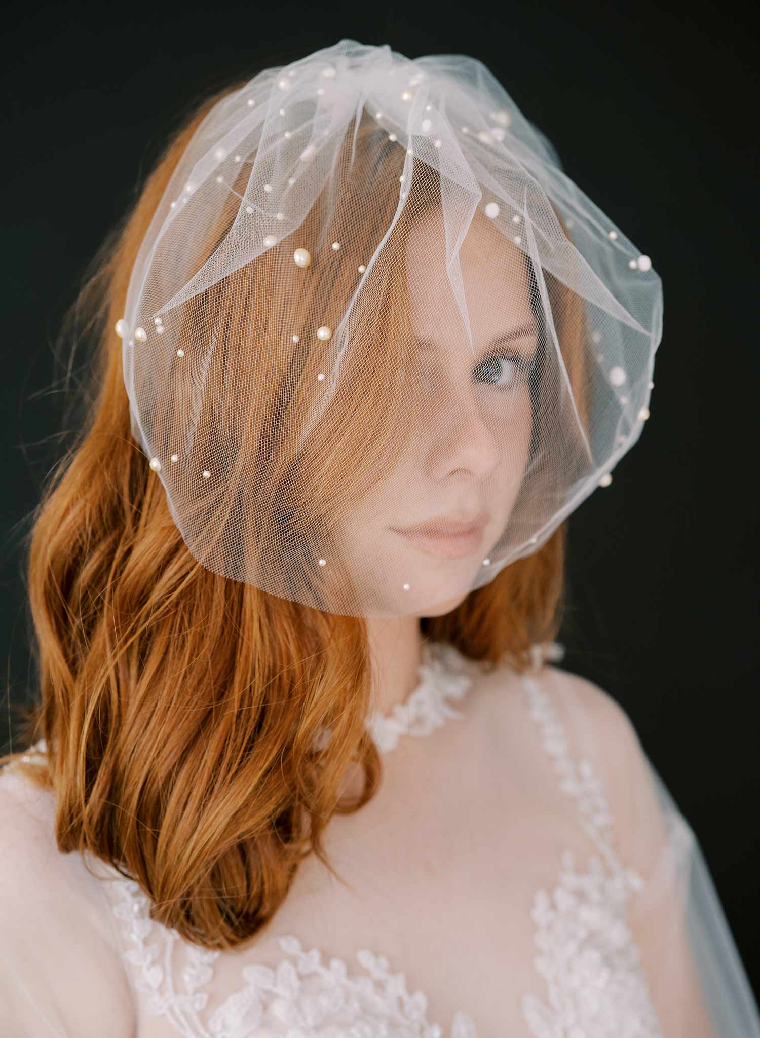 small tulle birdcage bridal veil with pearls, twigs & honey