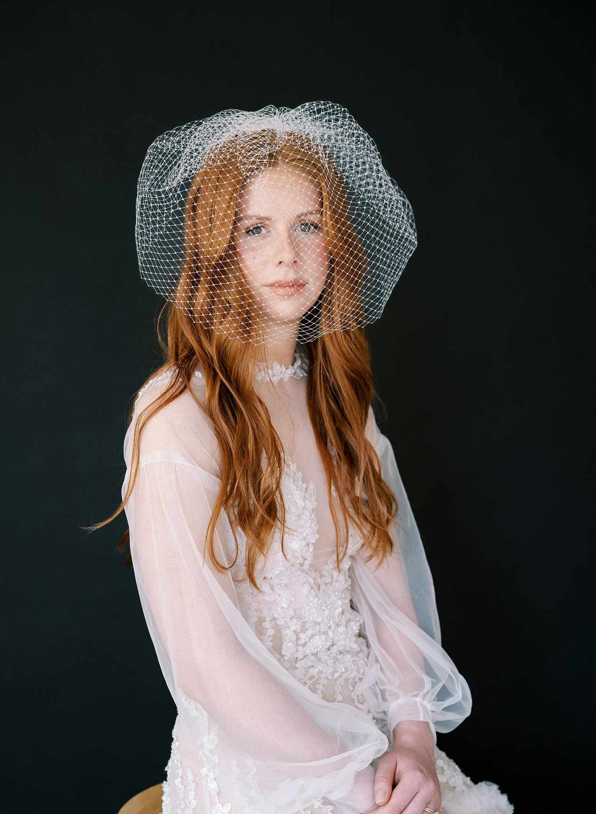 Twigs & Honey Pearl-Embellished Bridal Birdcage Veil in Ivory A sweet birdcage veil, style 2639 is handmade in our studio  main image 4