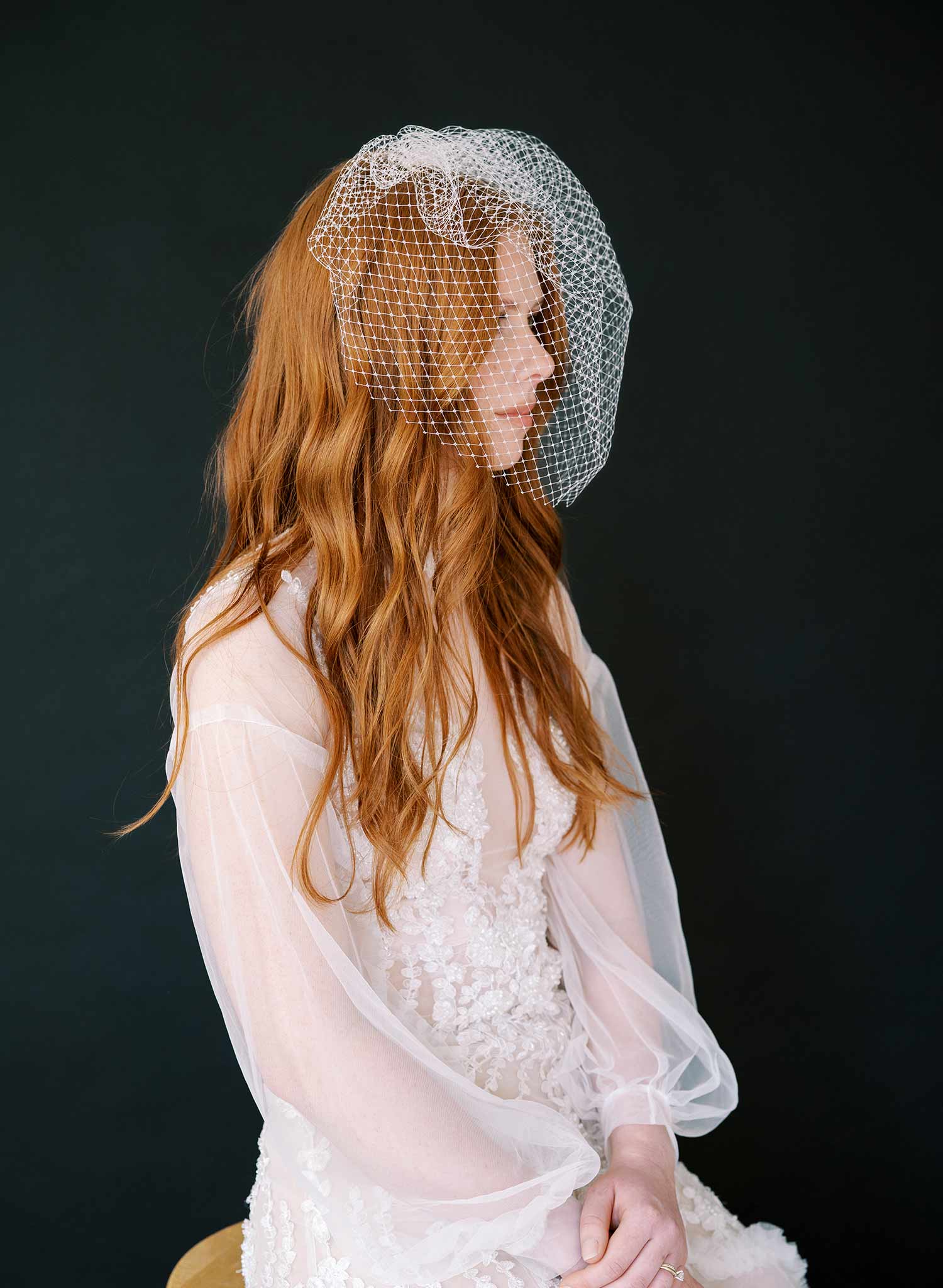 wide plain birdcage white bridal veil, twigs and honey