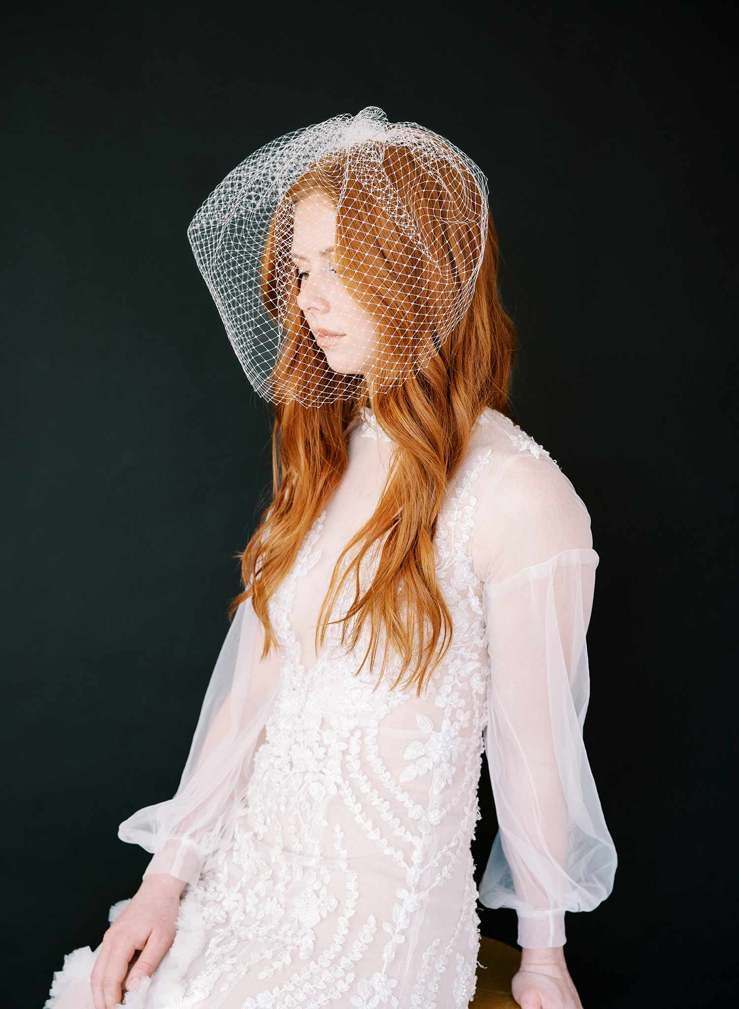 wide plain birdcage white bridal veil, twigs and honey