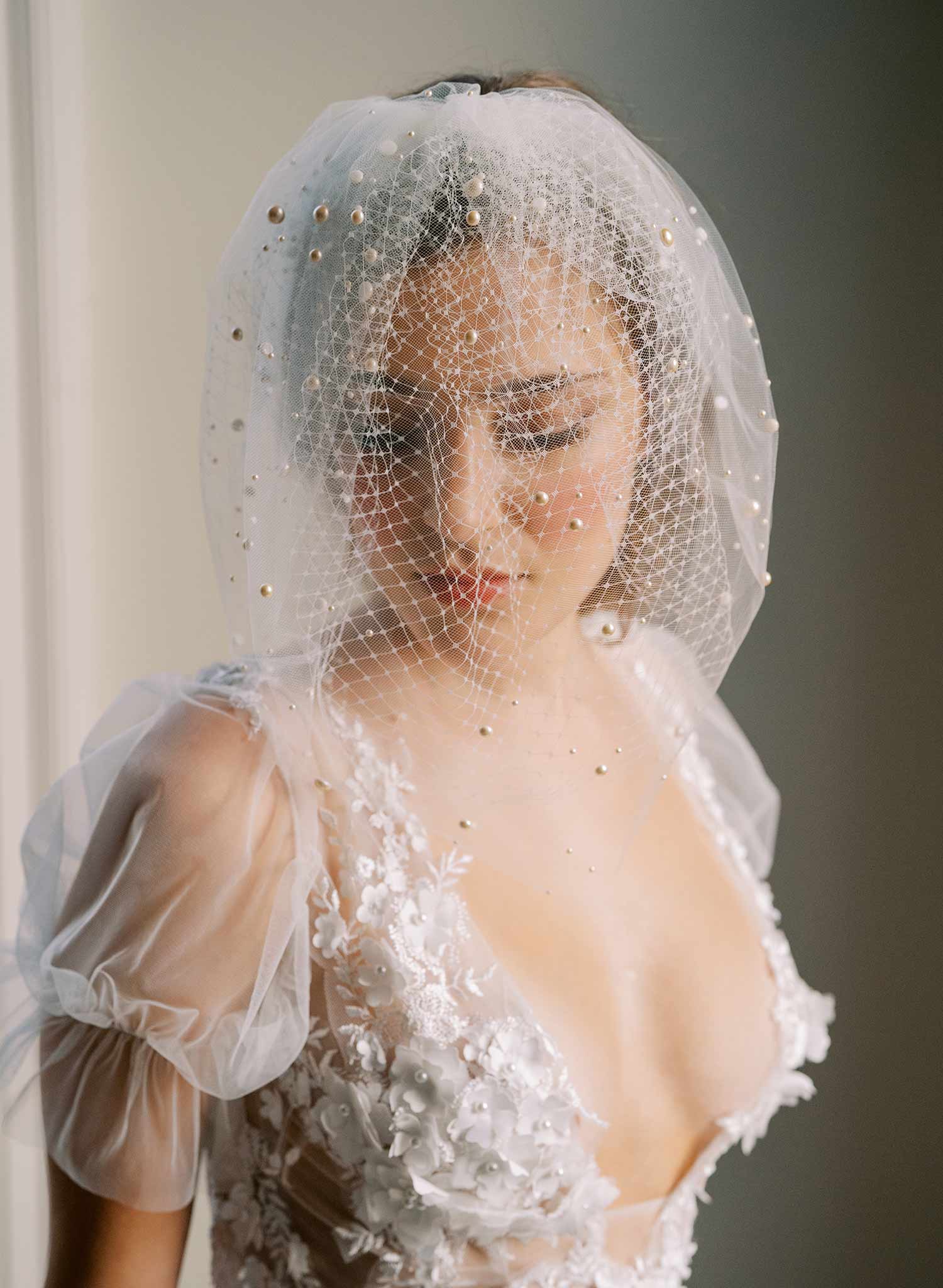 pearl or crystal short birdcage tule bridal veil, twigs & honey