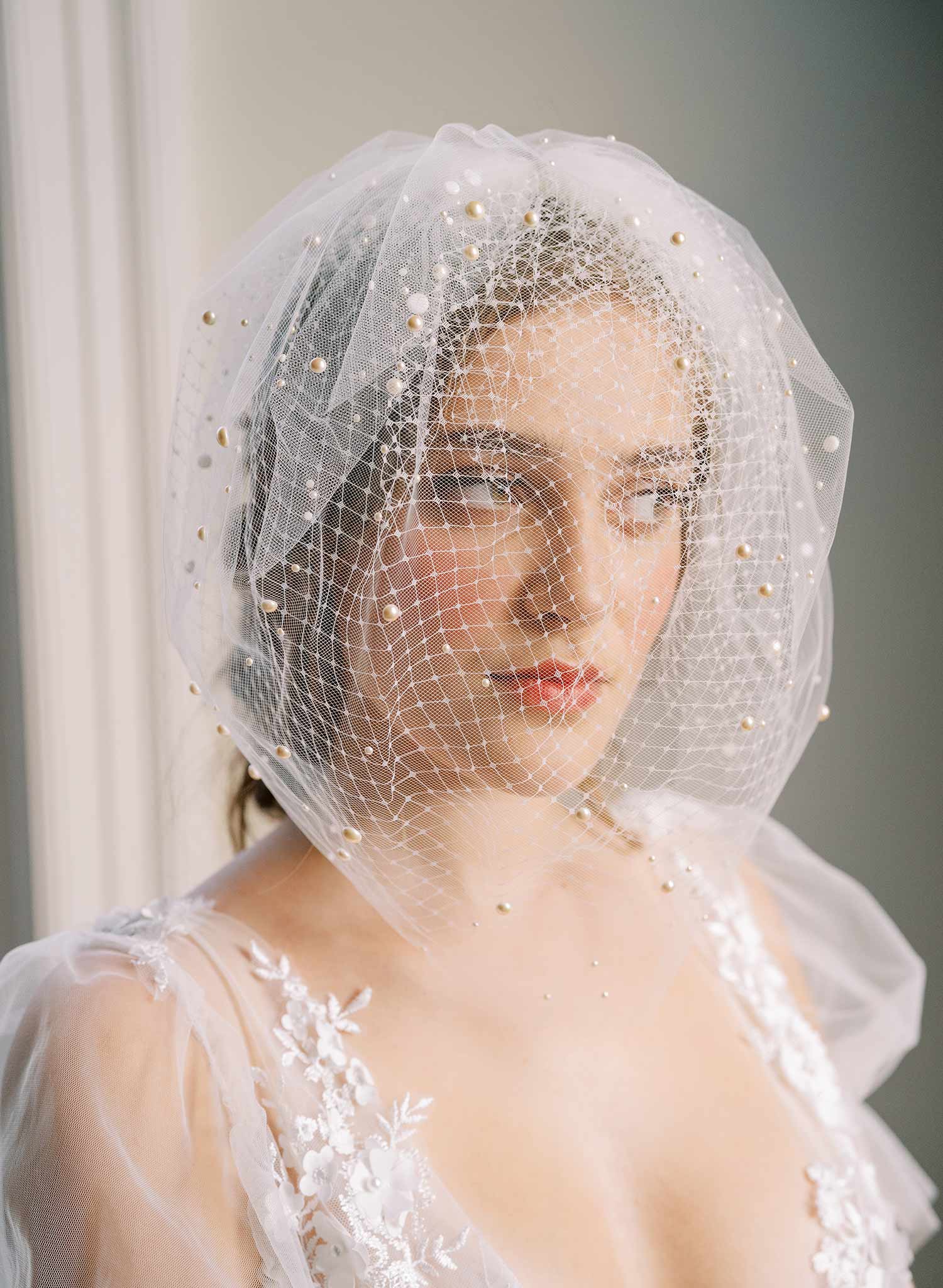 pearl or crystal short birdcage tule bridal veil, twigs & honey