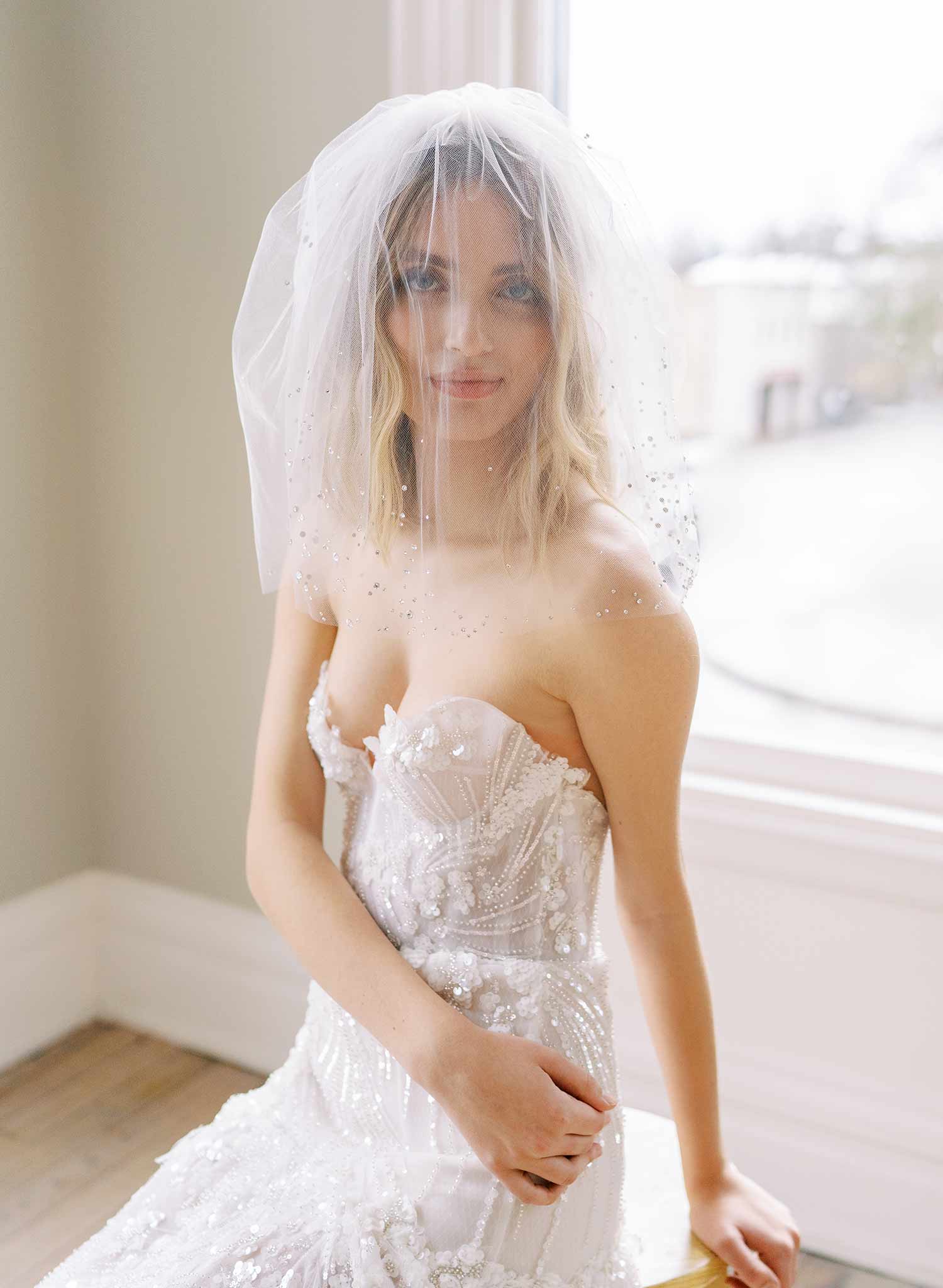 short crystal tulle blusher bridal veil, twigs & honey