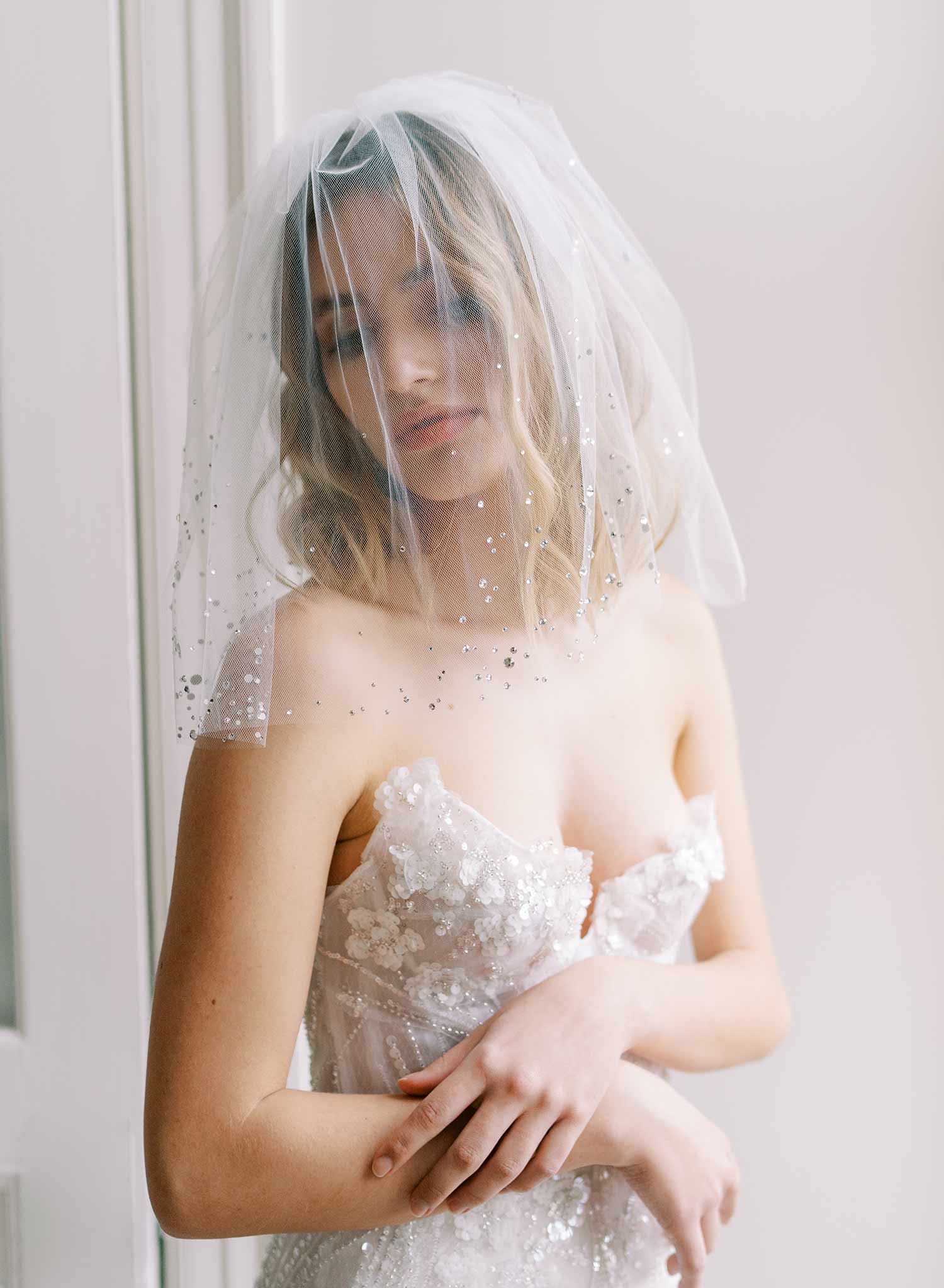 short crystal tulle blusher bridal veil, twigs & honey