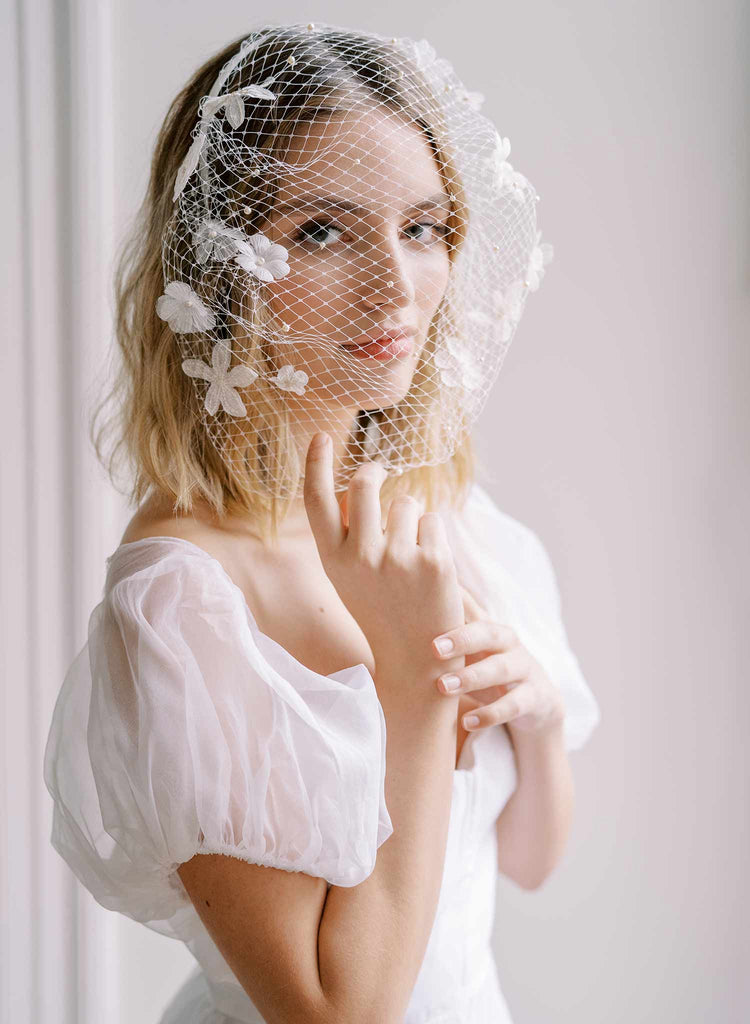pearl and silk flower birdcage headband bridal veil, twigs and honey