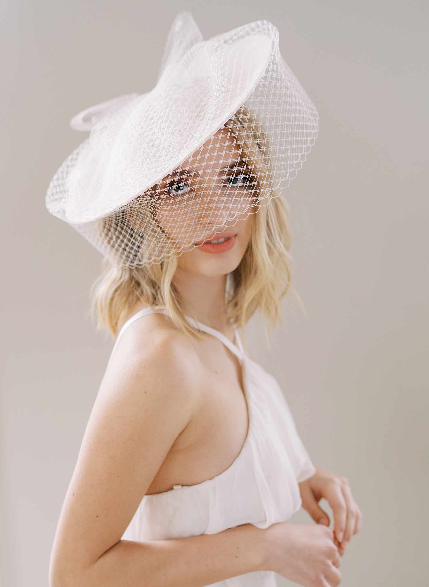 mini bridal birdcage round veil hat, twigs and honey
