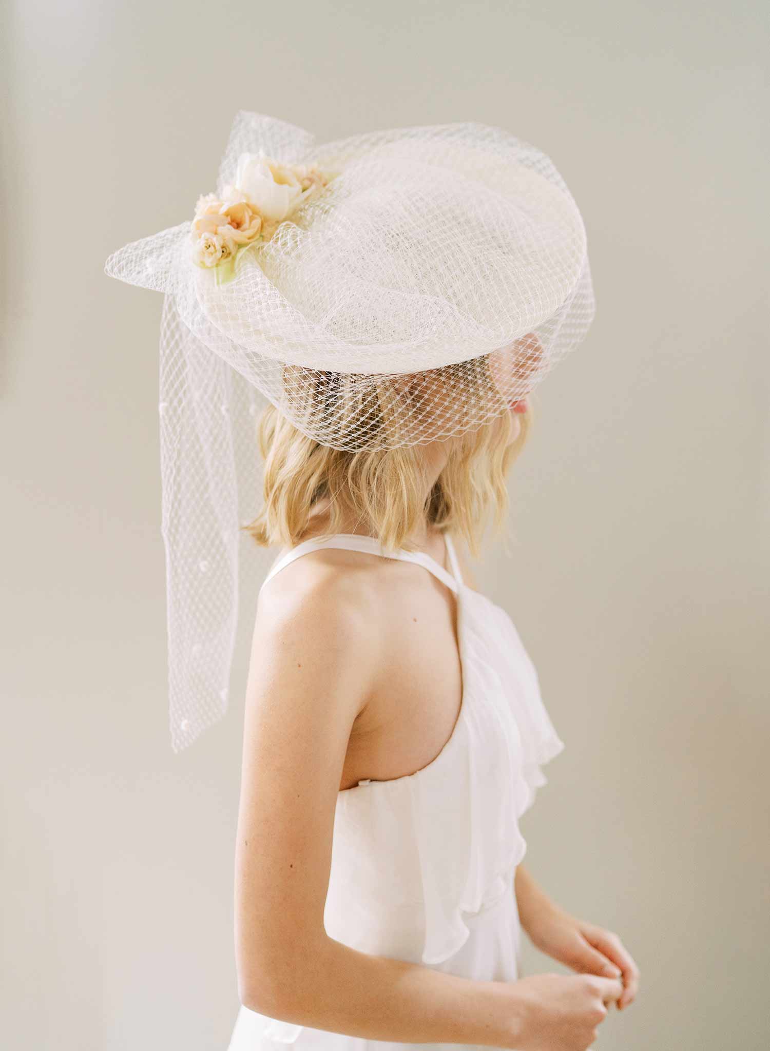 mini bridal birdcage round veil hat, twigs and honey