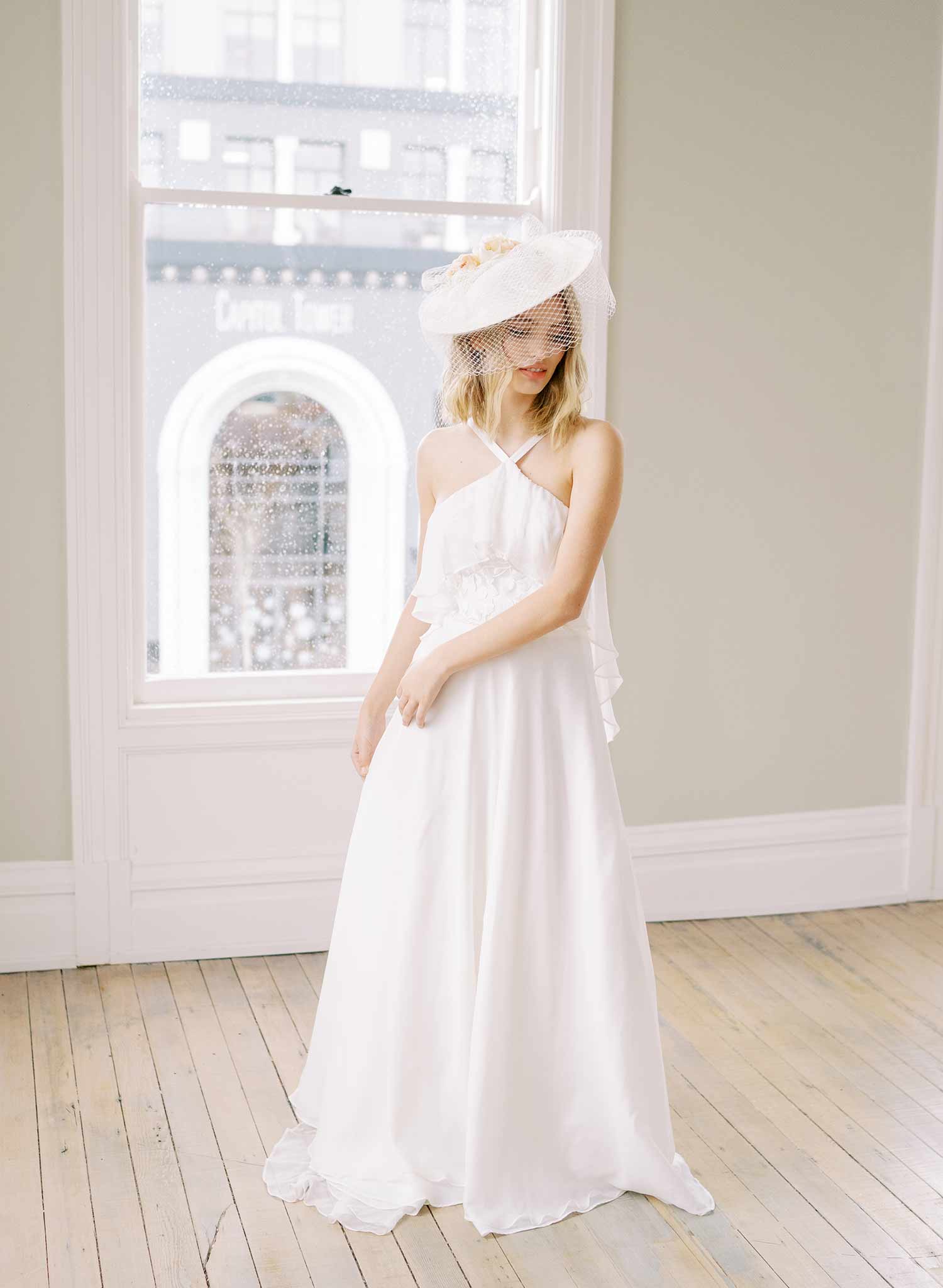 mini bridal birdcage round veil hat, twigs and honey