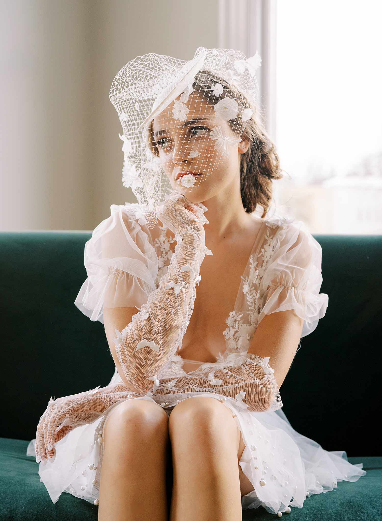 mini birdcage veil hat with pearls and silk flowers, twigs and honey