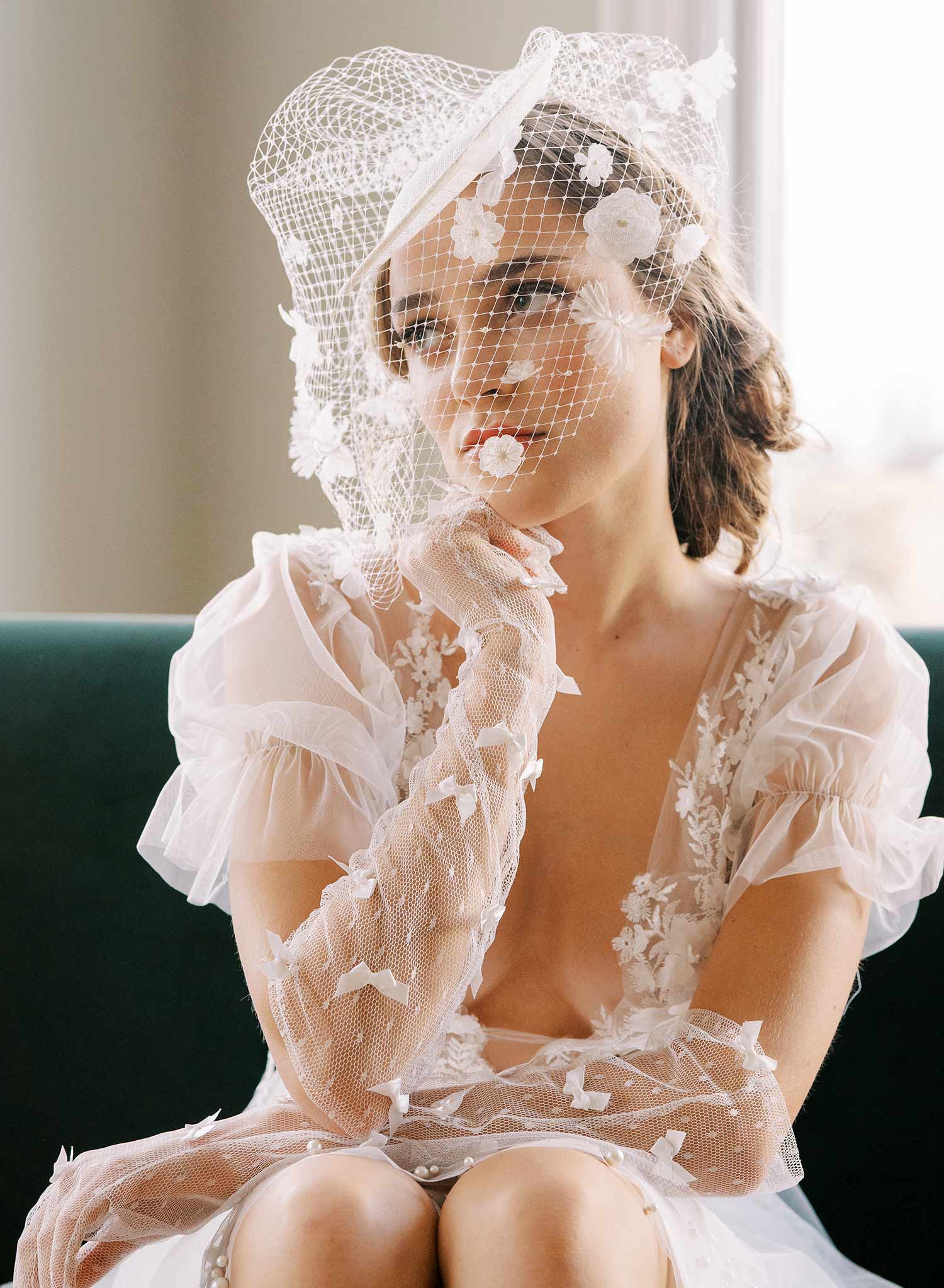 mini birdcage veil hat with pearls and silk flowers, twigs and honey