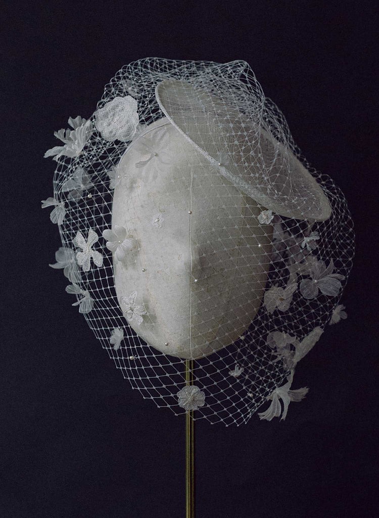 mini birdcage veil hat with pearls and silk flowers, twigs and honey