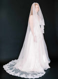 floral french lace trimmed long tulle veil with blusher, twigs and honey
