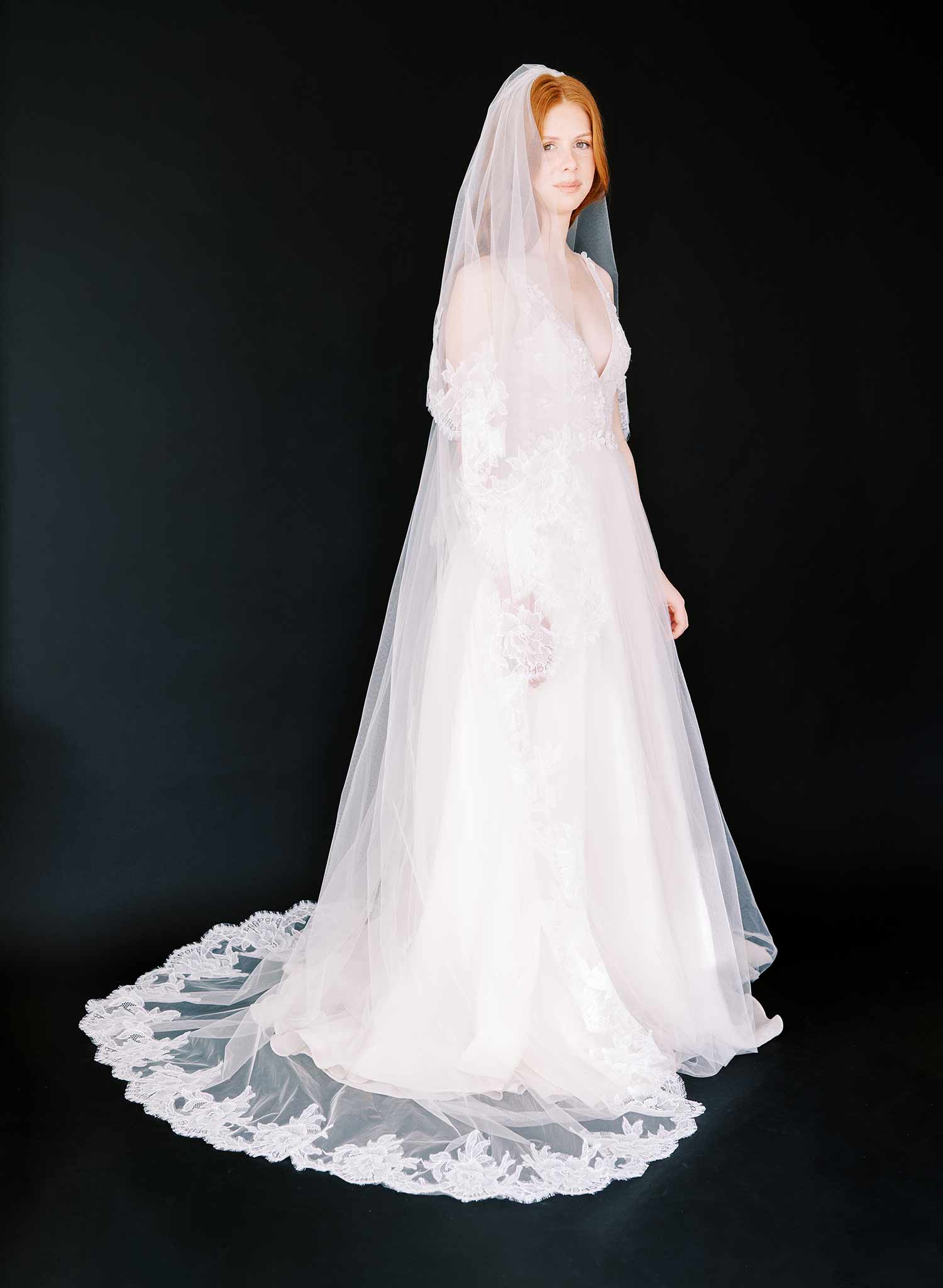 floral french lace trimmed long tulle veil with blusher, twigs and honey