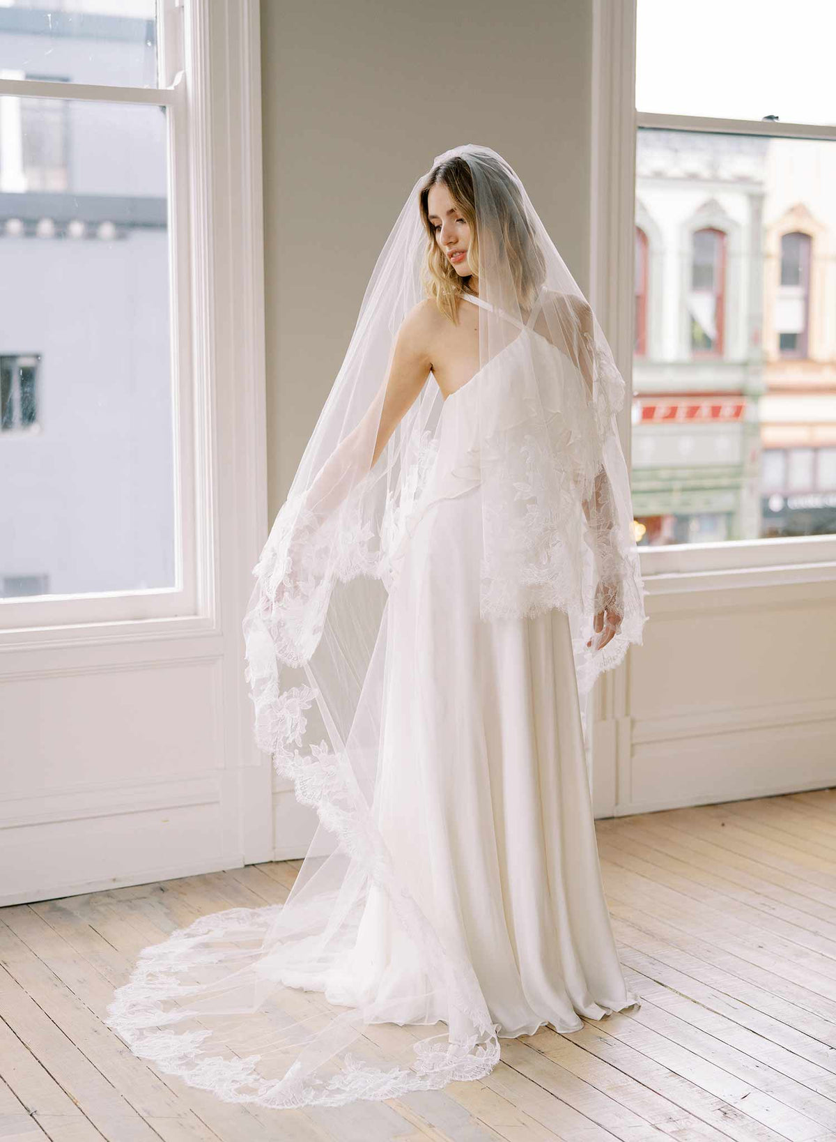 Lace cathedral trail veil with blusher - Sheer florals French Lace veil with blusher - Style #2458 Lace cathedral trail veil with blusher - Sheer florals French Lace veil with blusher - Style #2458