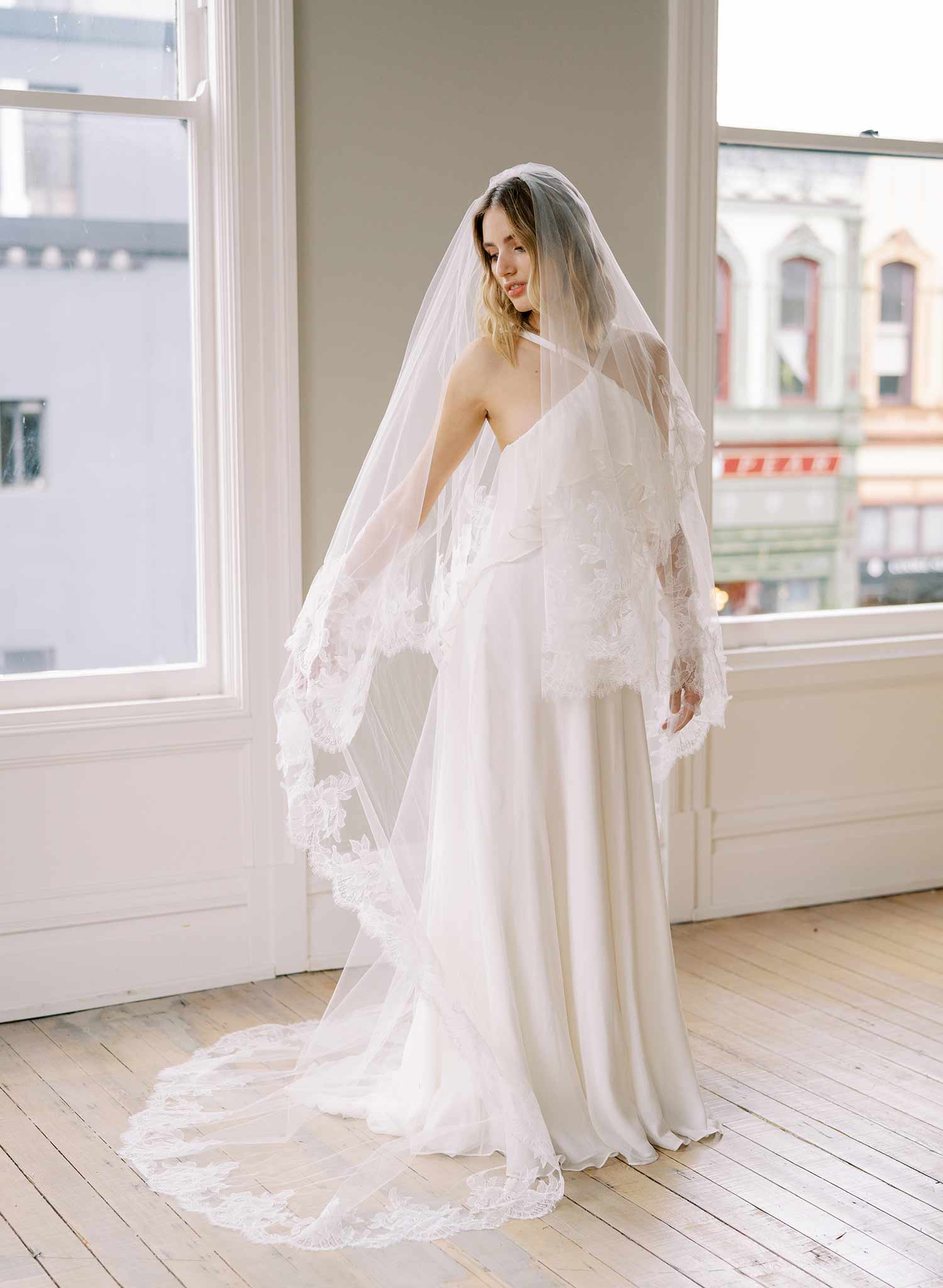 floral french lace trimmed long tulle veil with blusher, twigs and honey