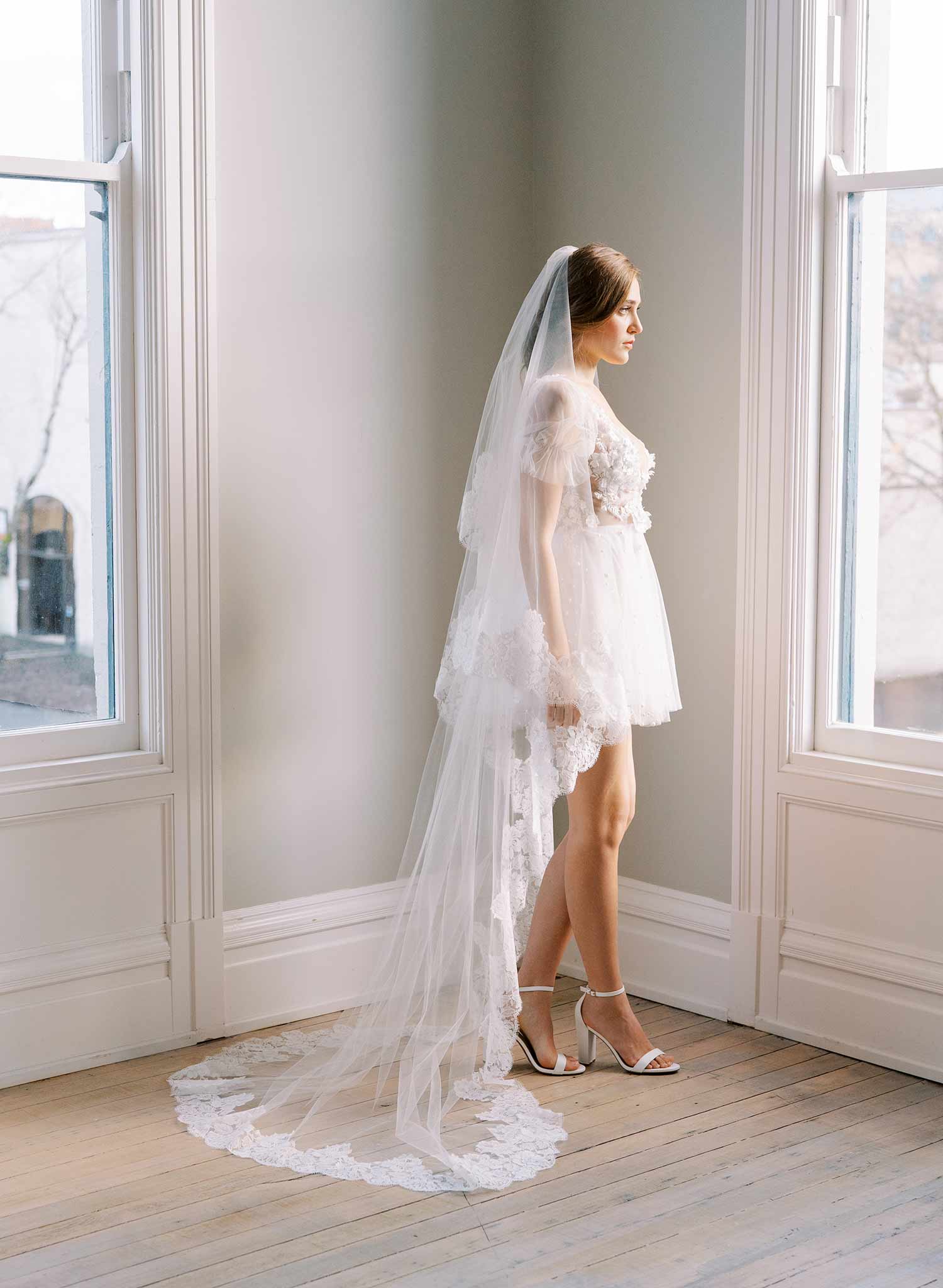 french lace trimmed long tulle veil wedding veil with blusher, twigs and honey