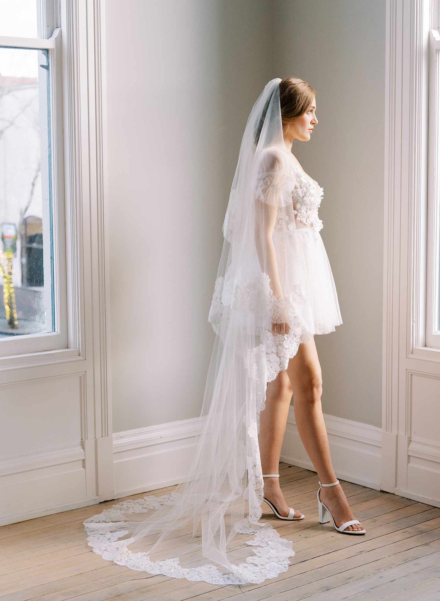 french lace trimmed long tulle veil wedding veil with blusher, twigs and honey