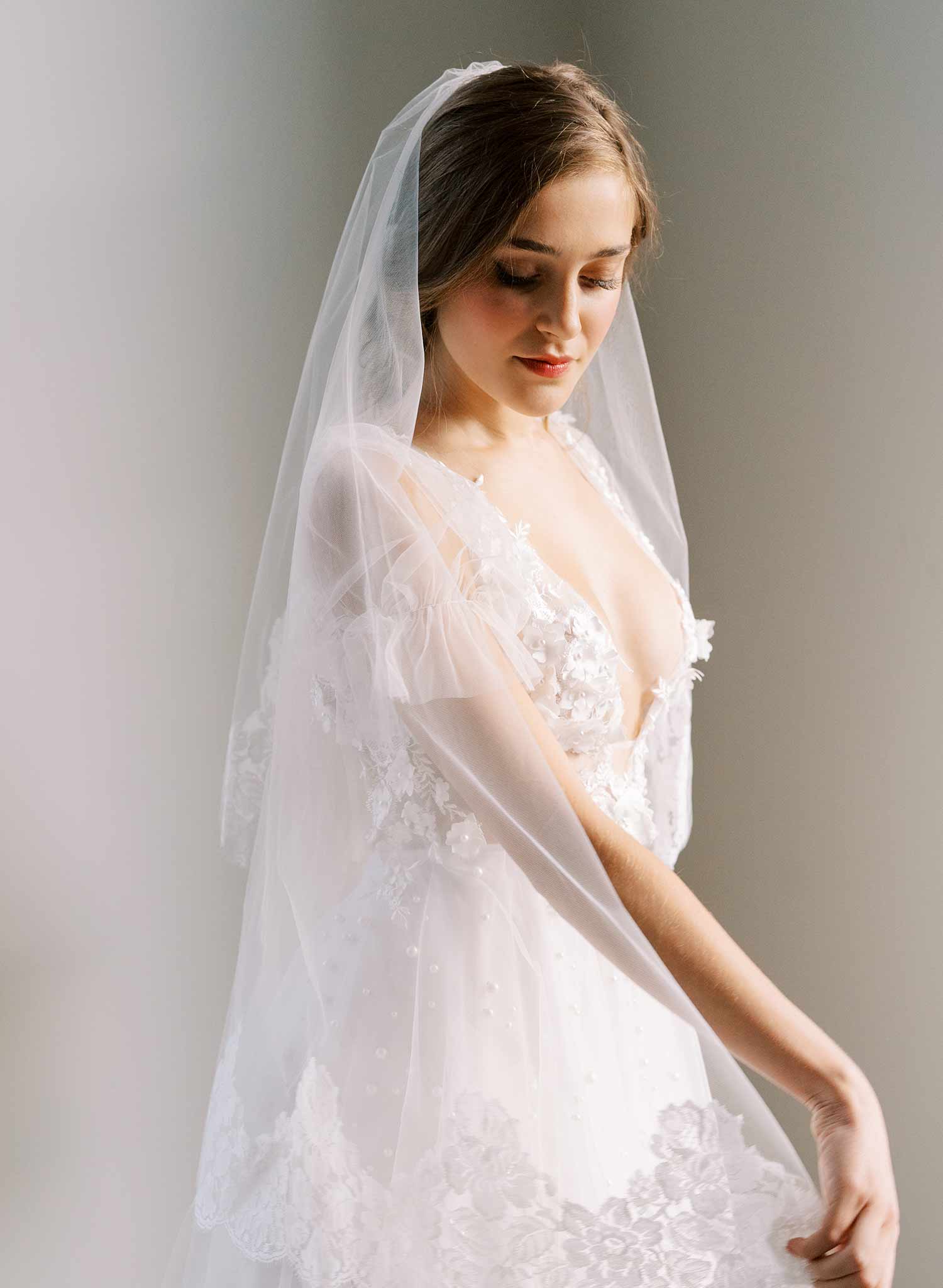 french lace trimmed long tulle veil wedding veil with blusher, twigs and honey
