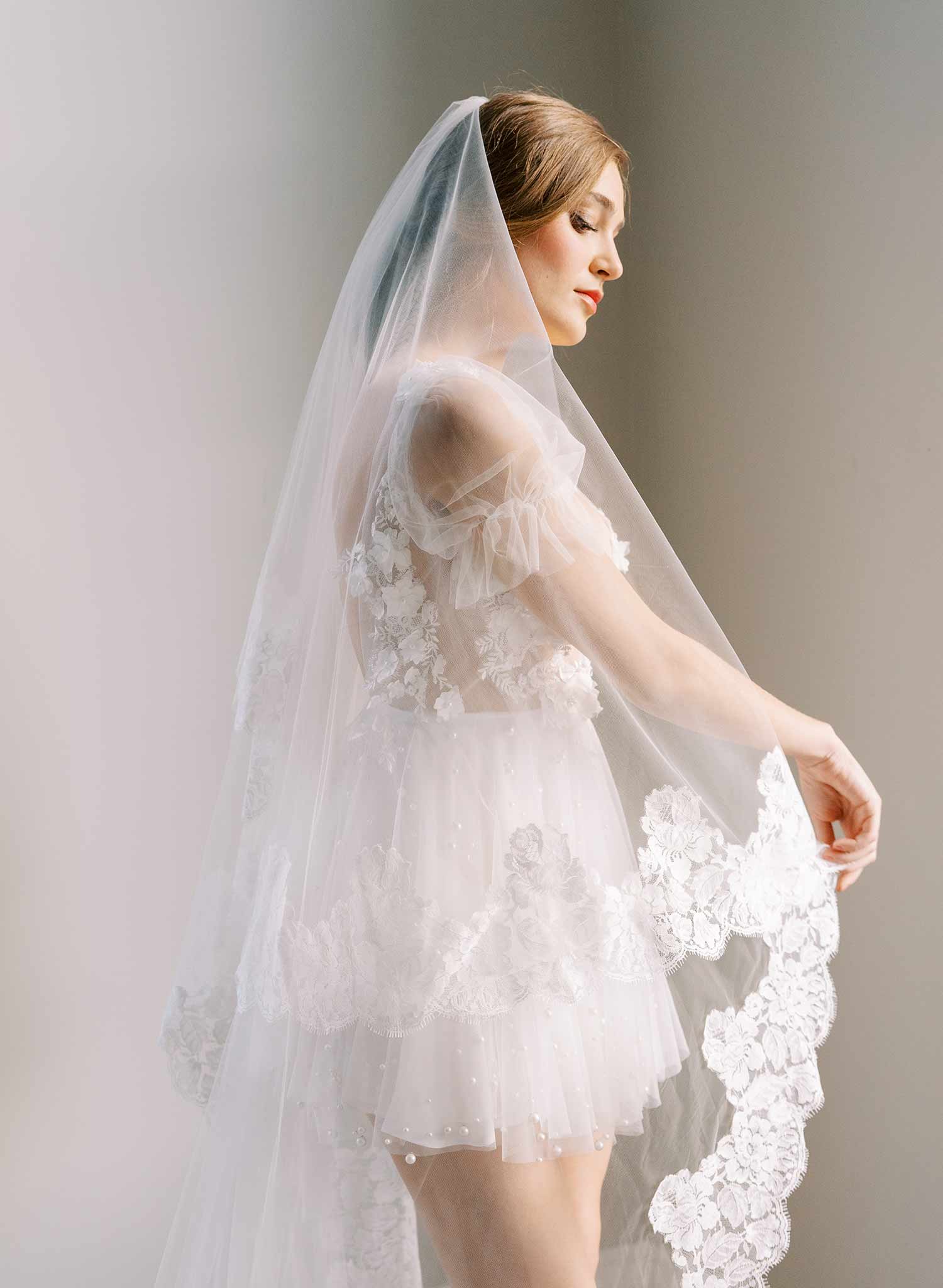 french lace trimmed long tulle veil wedding veil with blusher, twigs and honey