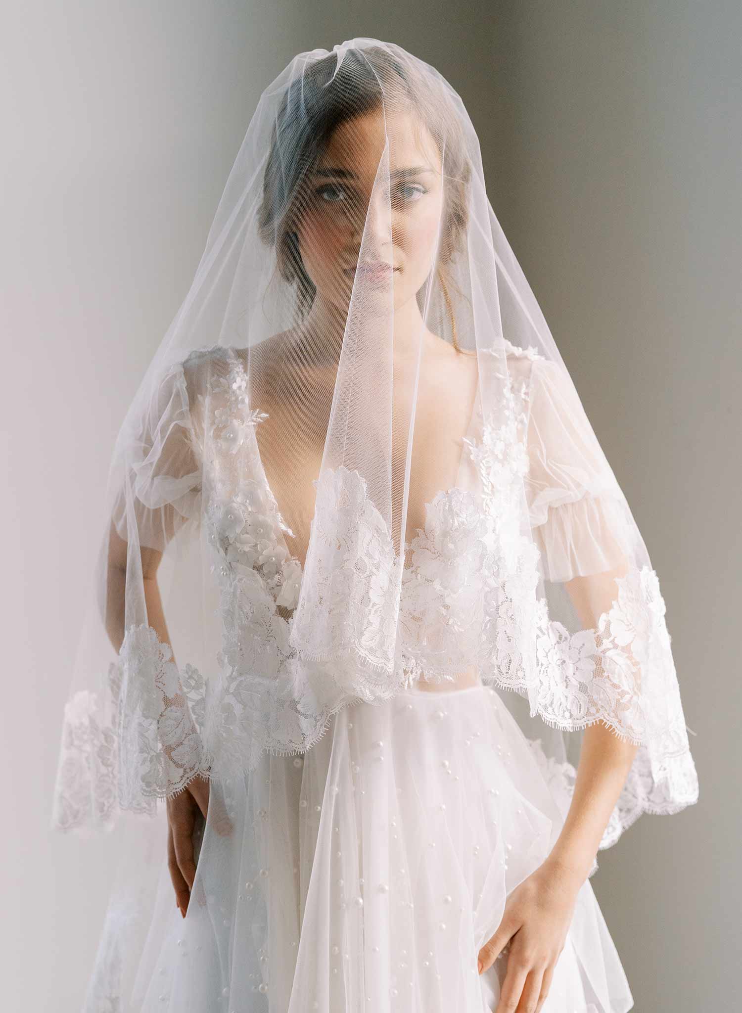 french lace trimmed long tulle veil wedding veil with blusher, twigs and honey