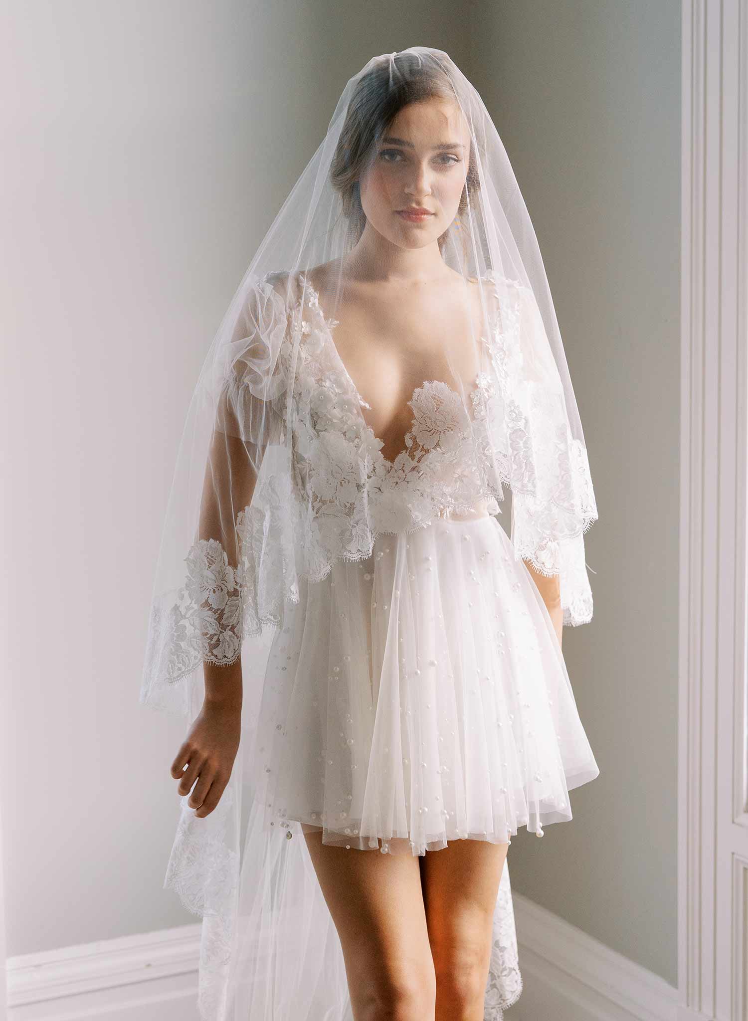 french lace trimmed long tulle veil wedding veil with blusher, twigs and honey