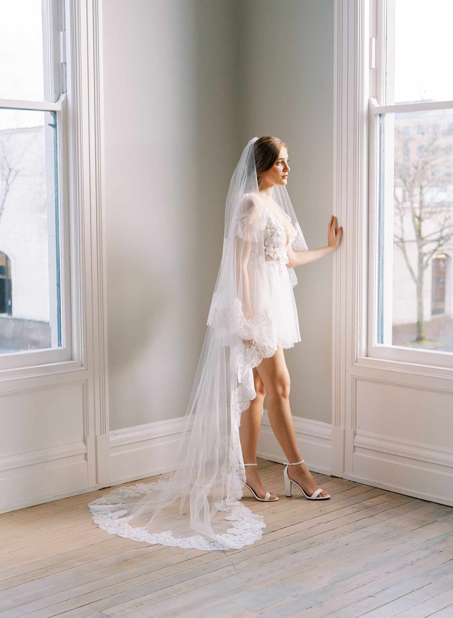 french lace trimmed long tulle veil wedding veil with blusher, twigs and honey