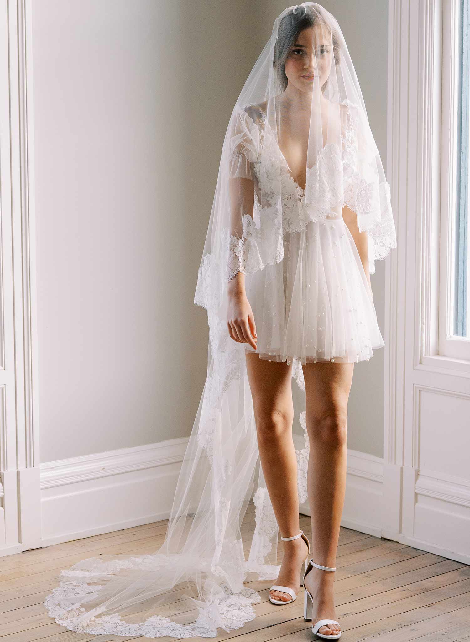 french lace trimmed long tulle veil wedding veil with blusher, twigs and honey